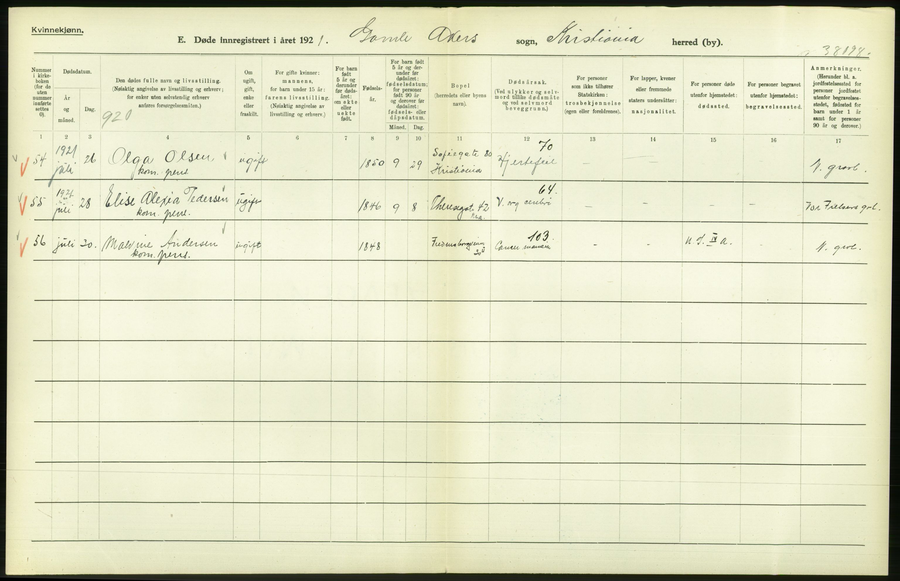 Statistisk sentralbyrå, Sosiodemografiske emner, Befolkning, AV/RA-S-2228/D/Df/Dfc/Dfca/L0012: Kristiania: Døde, 1921, s. 46