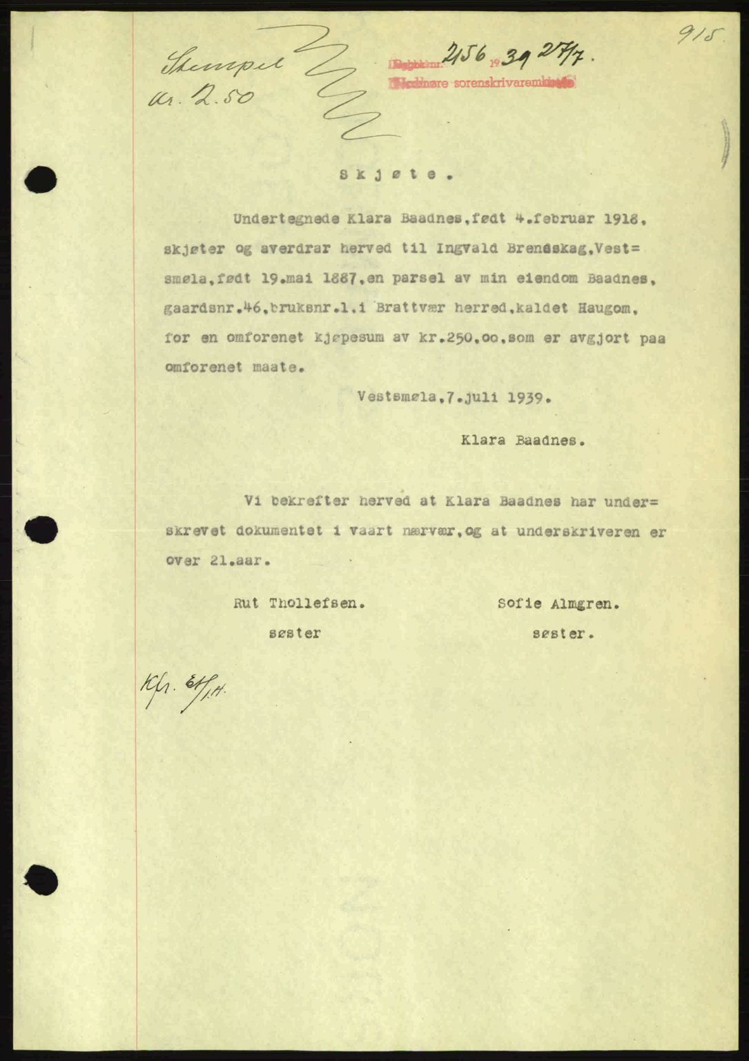 Nordmøre sorenskriveri, SAT/A-4132/1/2/2Ca: Pantebok nr. A86, 1939-1939, Dagboknr: 2156/1939