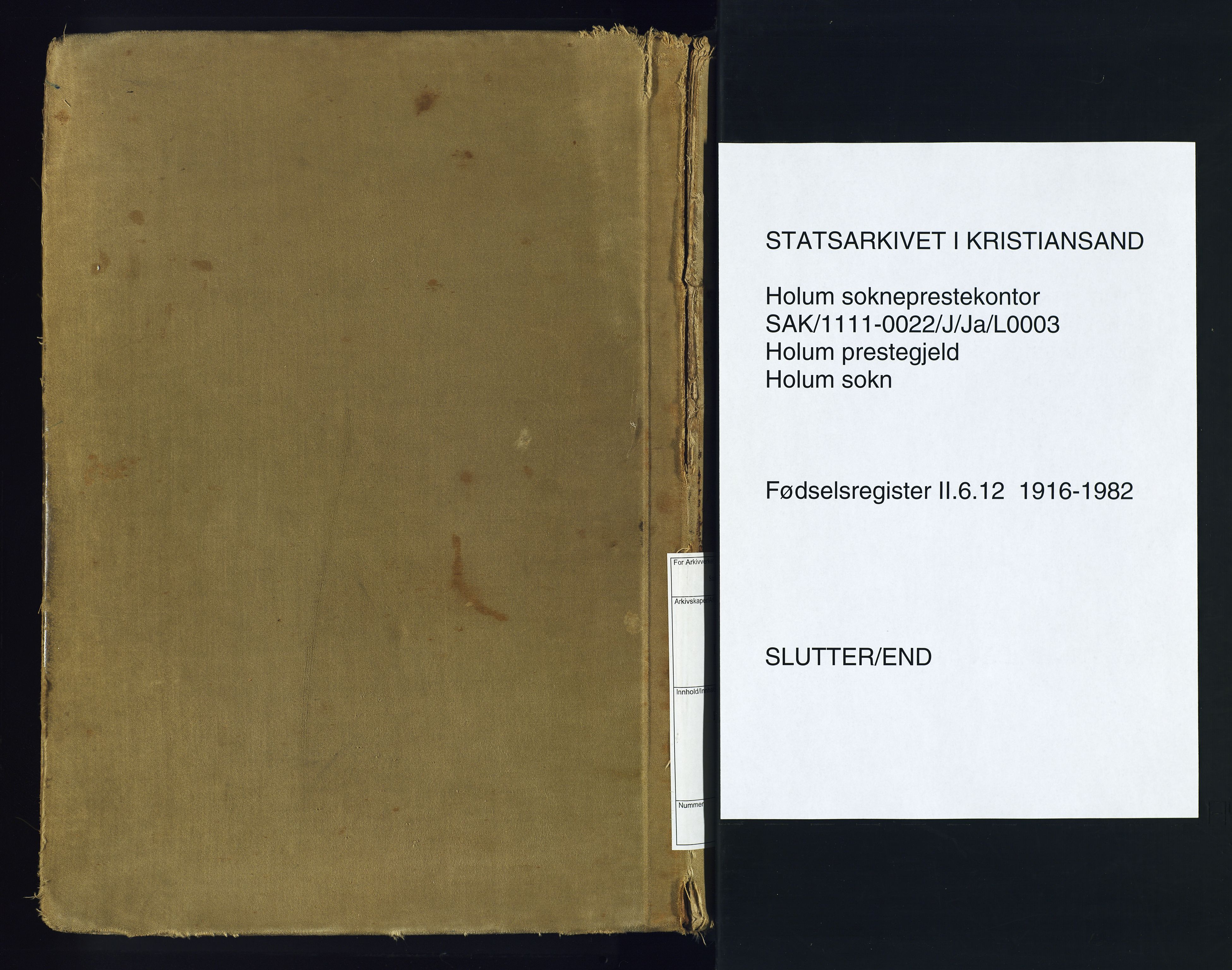 Holum sokneprestkontor, SAK/1111-0022/J/Ja/L0003: Fødselsregister nr. II.6.12, 1916-1982