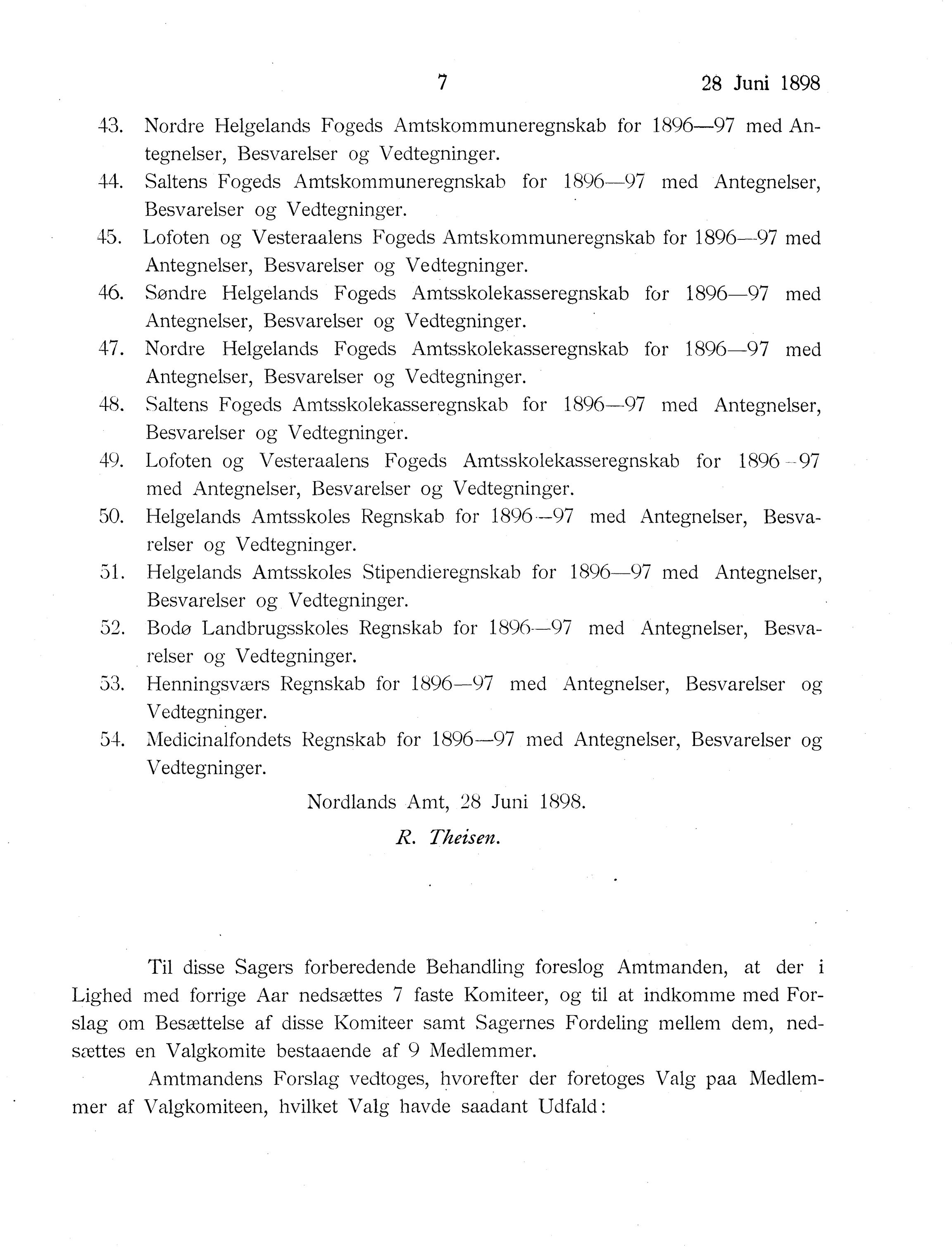 Nordland Fylkeskommune. Fylkestinget, AIN/NFK-17/176/A/Ac/L0021: Fylkestingsforhandlinger 1898, 1898