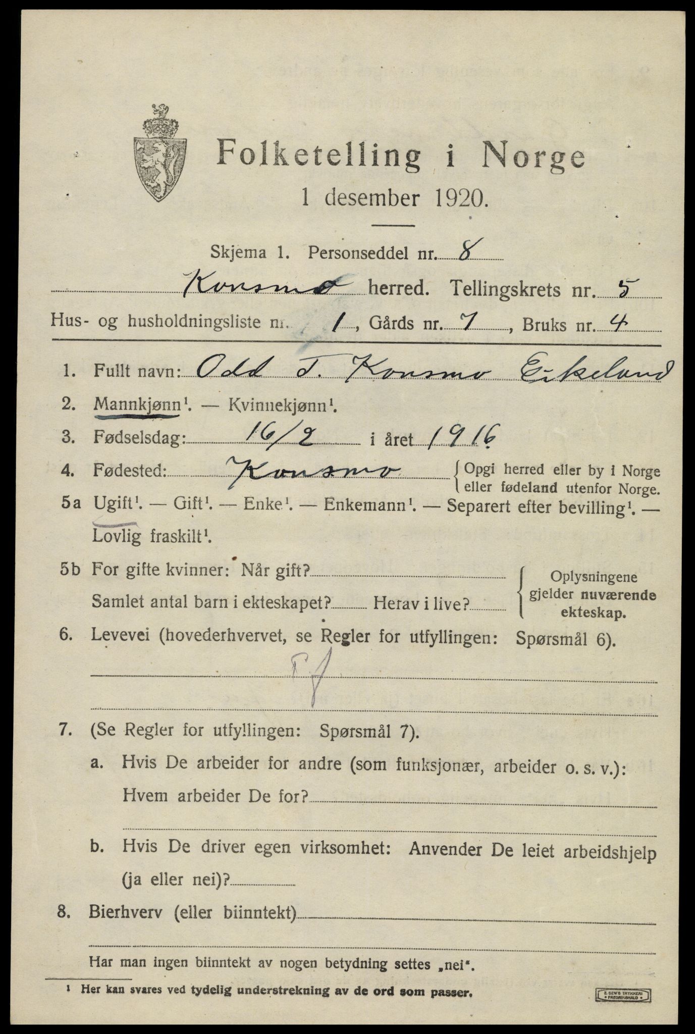 SAK, Folketelling 1920 for 1027 Konsmo herred, 1920, s. 1278