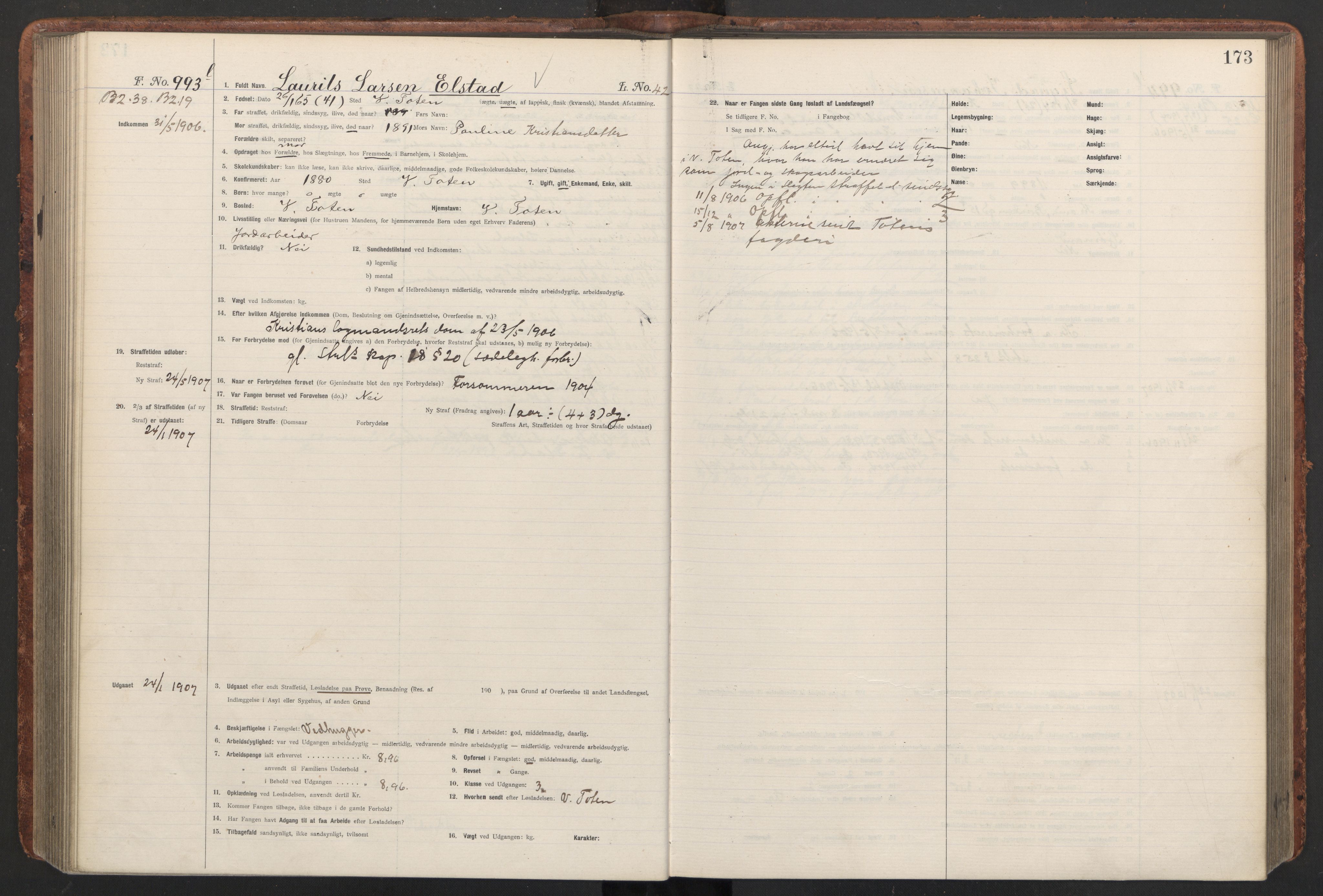 Botsfengslet, AV/RA-S-1539/D/Db/Dbb/L0040: 821l - 171m, 1905-1907, s. 173