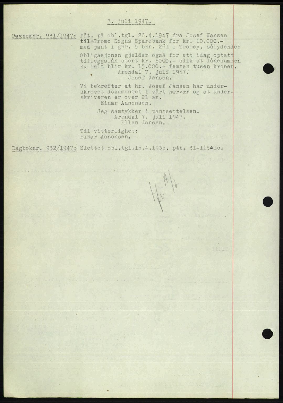 Nedenes sorenskriveri, AV/SAK-1221-0006/G/Gb/Gba/L0057: Pantebok nr. A9, 1947-1947, Dagboknr: 931/1947