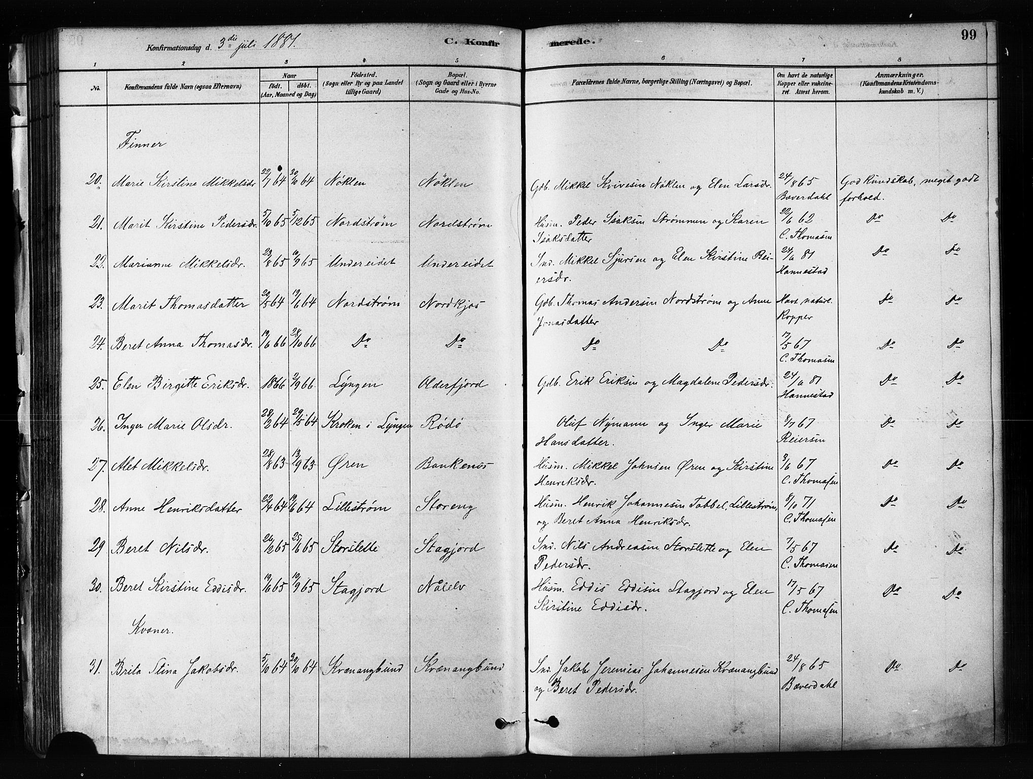 Skjervøy sokneprestkontor, AV/SATØ-S-1300/H/Ha/Haa/L0012kirke: Ministerialbok nr. 12, 1878-1891, s. 99