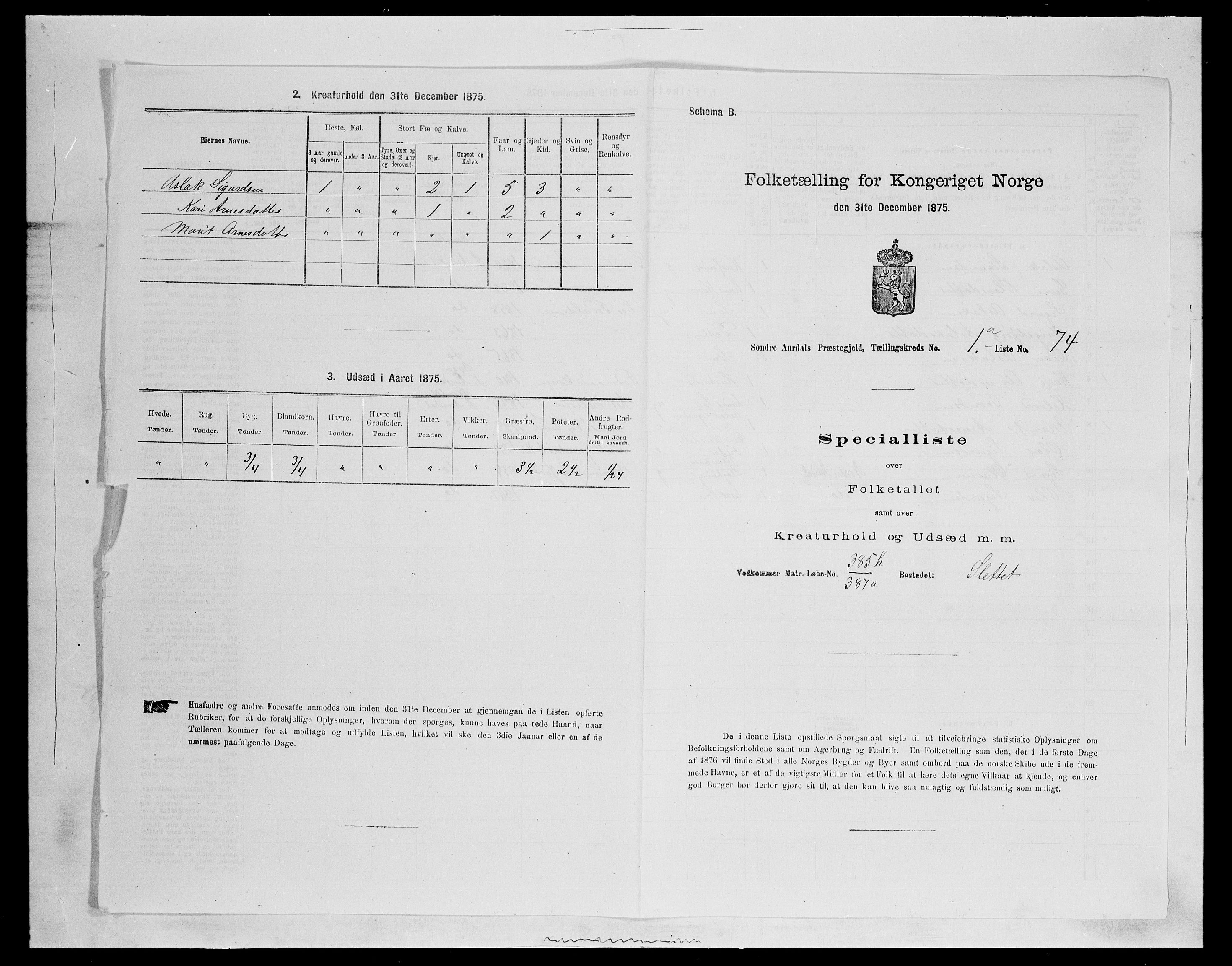 SAH, Folketelling 1875 for 0540P Sør-Aurdal prestegjeld, 1875, s. 301