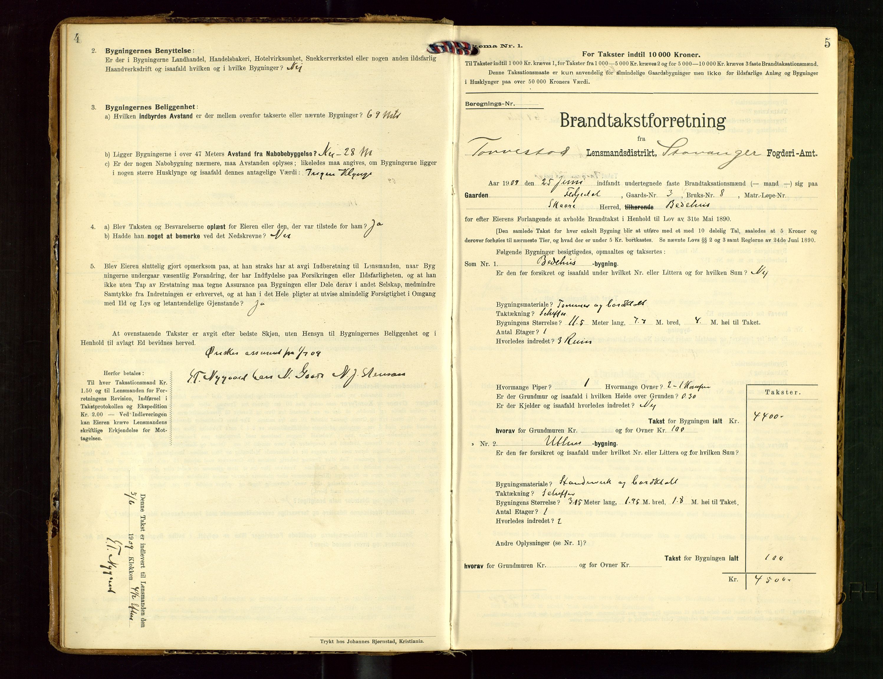 Torvestad lensmannskontor, SAST/A-100307/1/Gob/L0004: "Brandtaxationsprotokol for Torvestad Lensmannsdistrikt", 1909-1923, s. 4-5