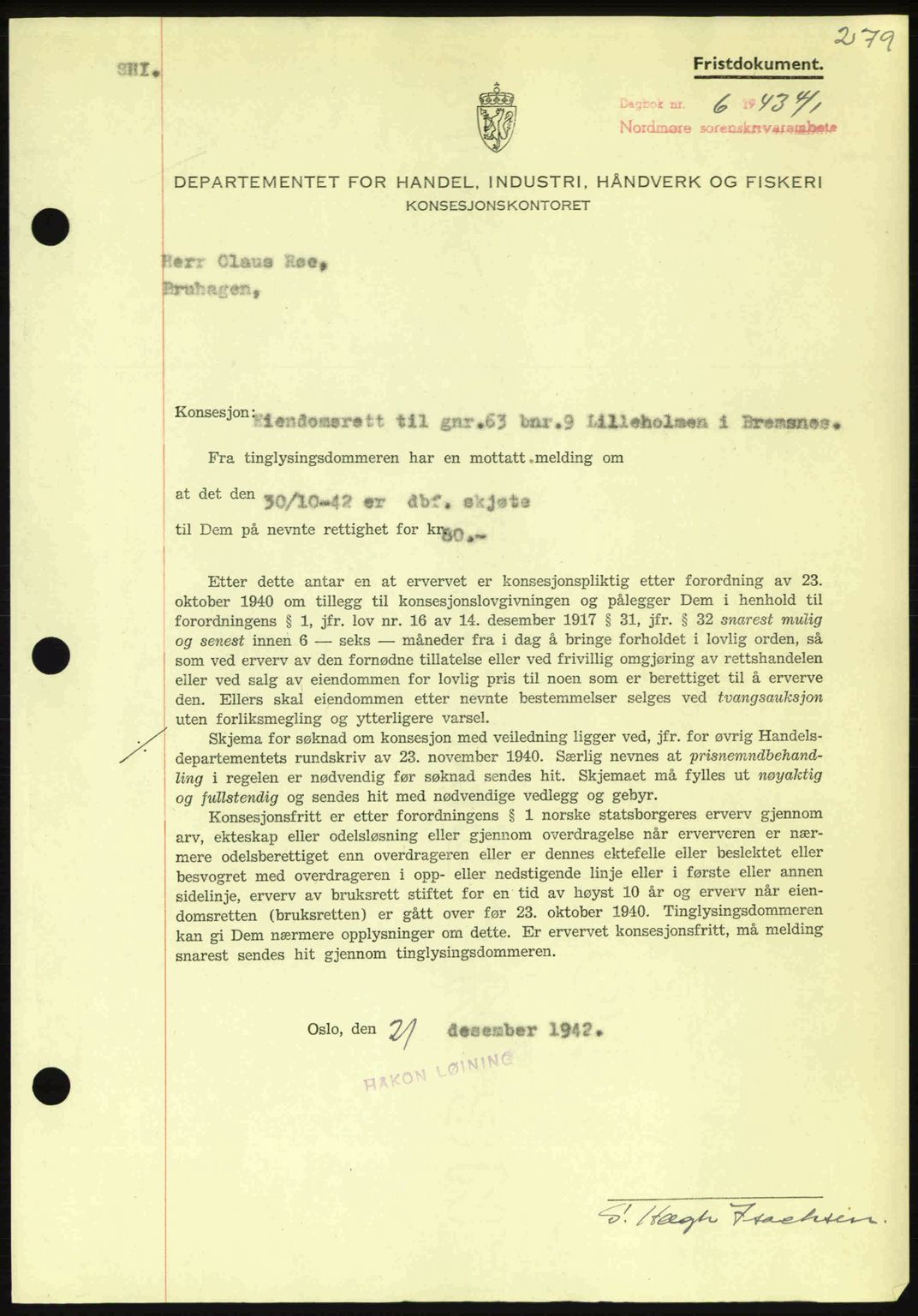 Nordmøre sorenskriveri, SAT/A-4132/1/2/2Ca: Pantebok nr. B90, 1942-1943, Dagboknr: 6/1943