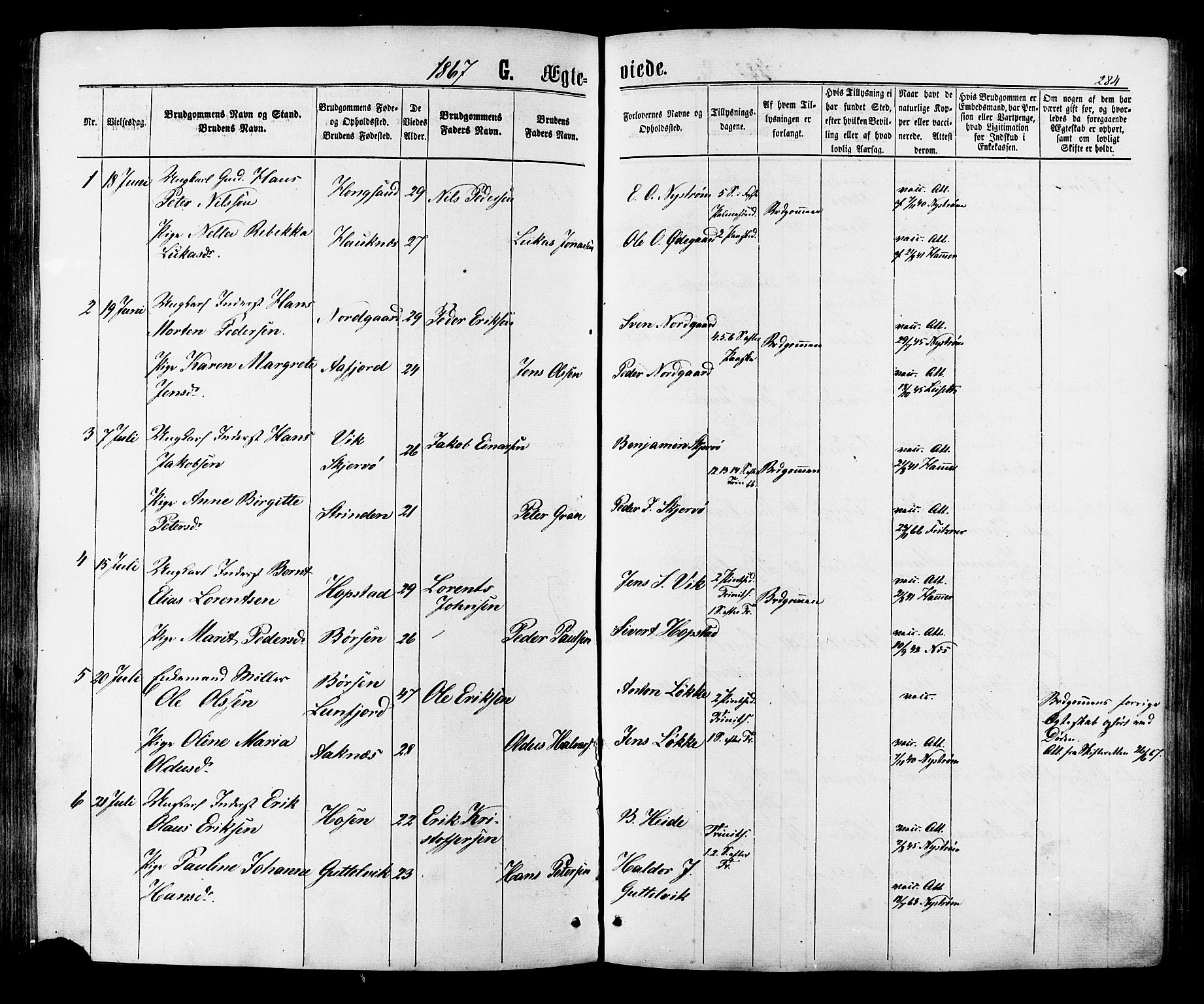 Ministerialprotokoller, klokkerbøker og fødselsregistre - Sør-Trøndelag, AV/SAT-A-1456/657/L0706: Ministerialbok nr. 657A07, 1867-1878, s. 284