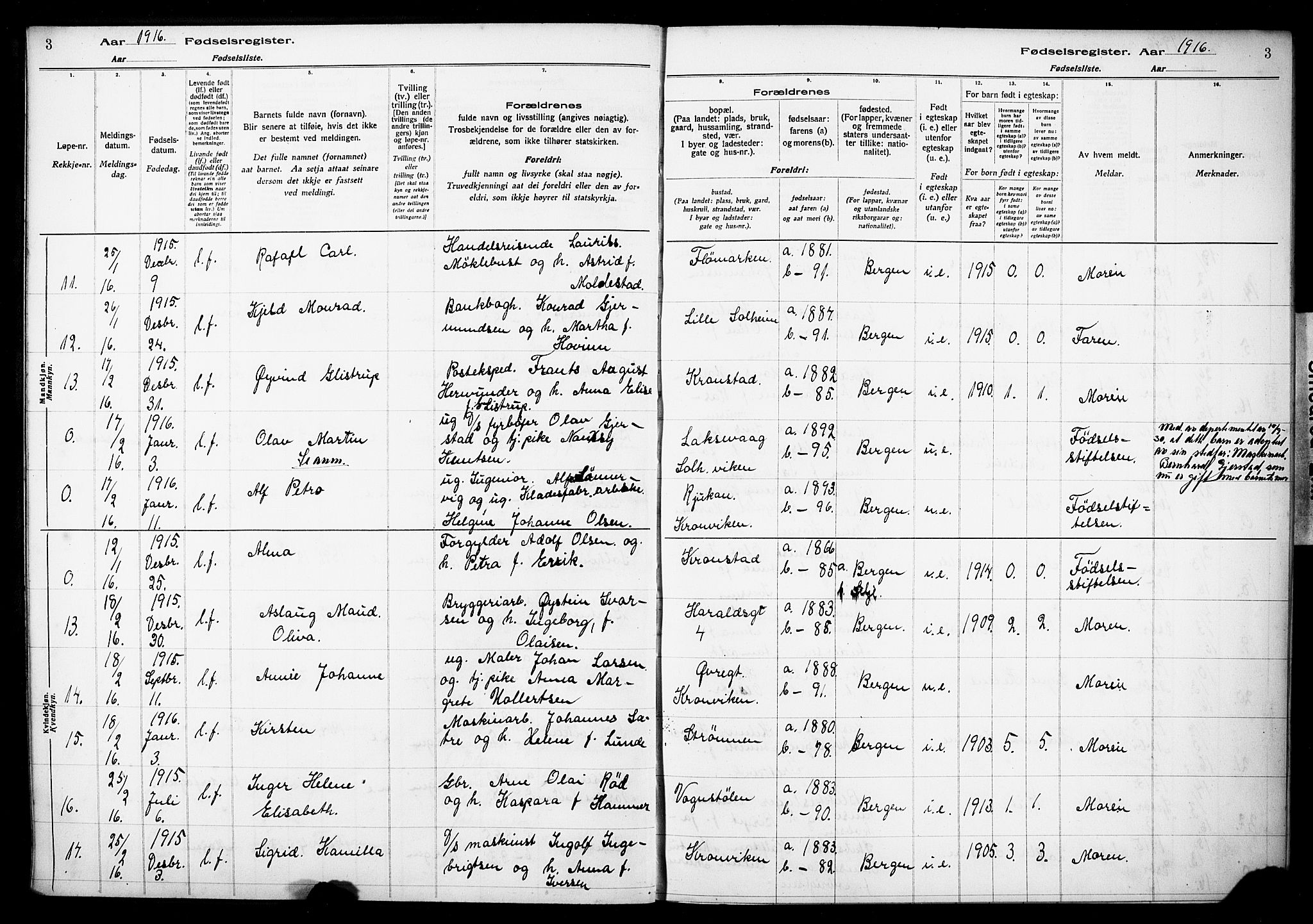 Årstad Sokneprestembete, AV/SAB-A-79301/I/Id/L0A01: Fødselsregister nr. A 1, 1916-1920, s. 3