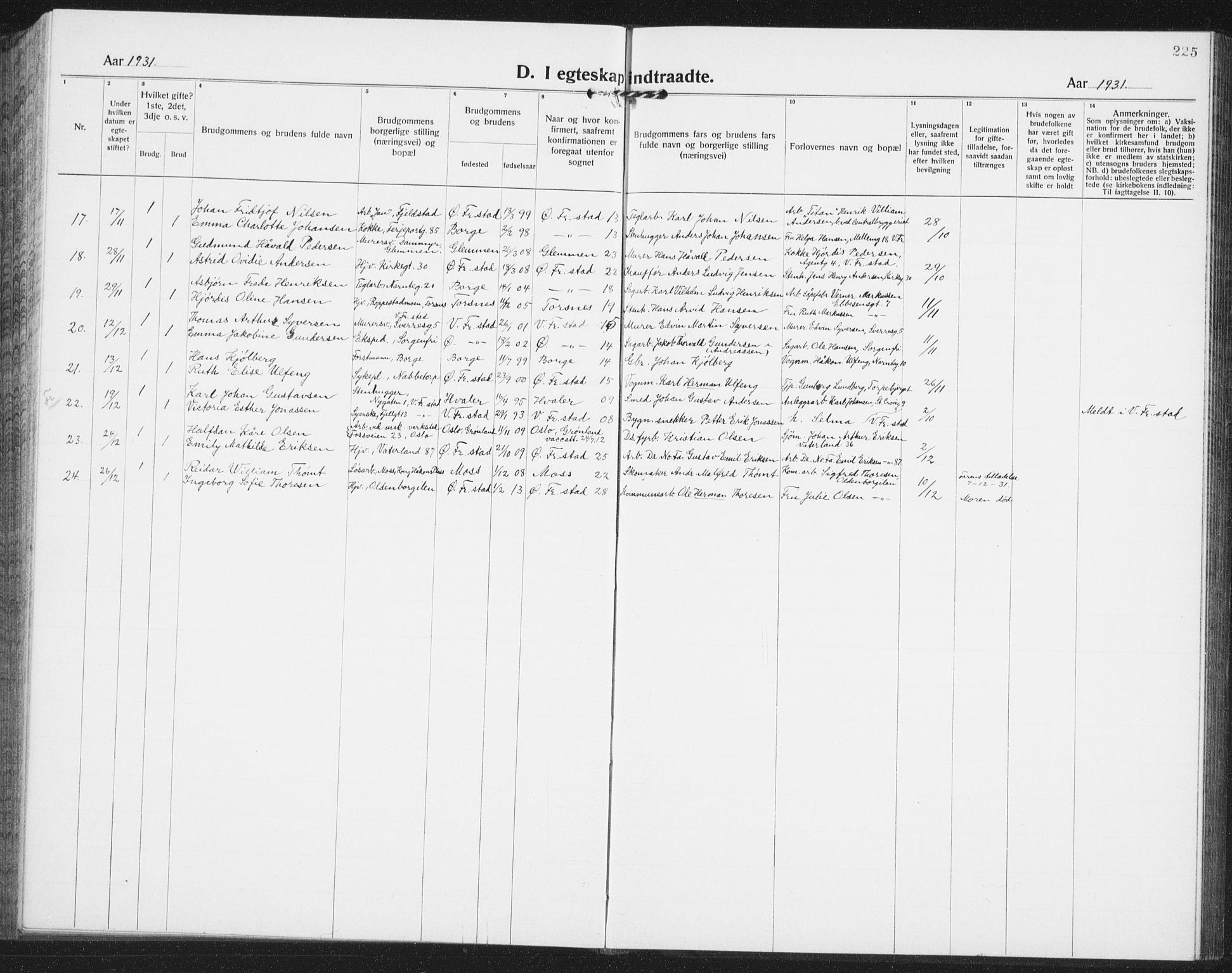 Østre Fredrikstad prestekontor Kirkebøker, AV/SAO-A-10907/G/Ga/L0003: Klokkerbok nr. 3, 1920-1940, s. 225