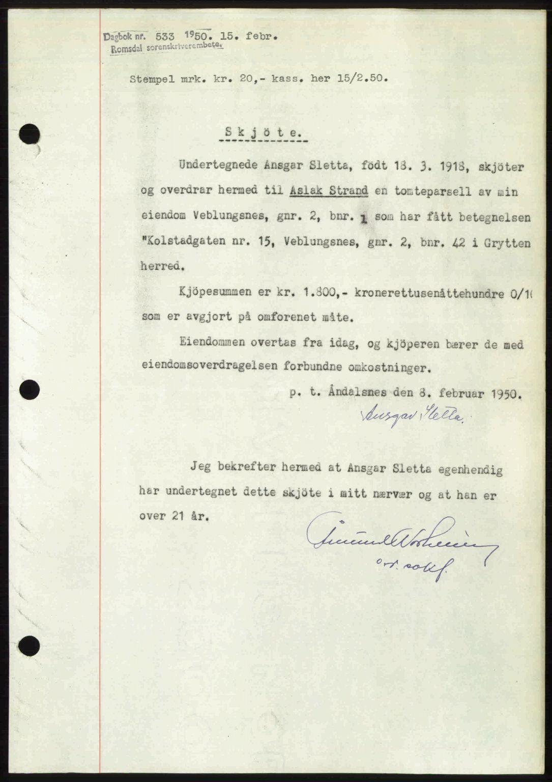 Romsdal sorenskriveri, AV/SAT-A-4149/1/2/2C: Pantebok nr. A32, 1950-1950, Dagboknr: 533/1950