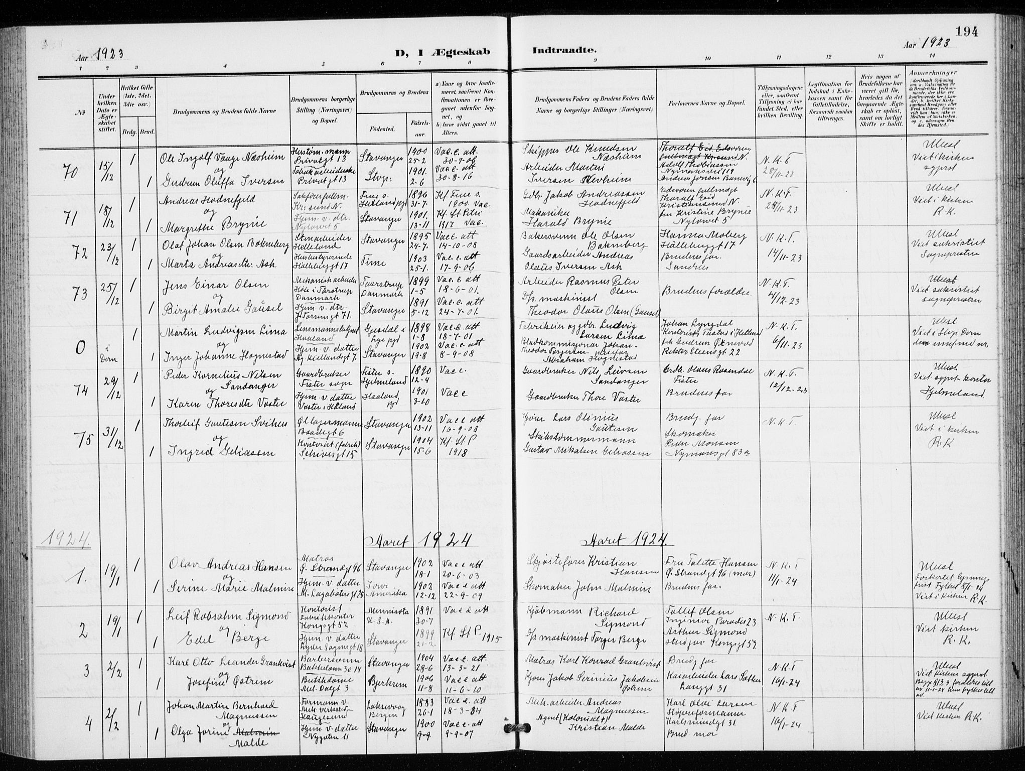 St. Petri sokneprestkontor, SAST/A-101813/001/30/30BB/L0009: Klokkerbok nr. B 9, 1902-1935, s. 194