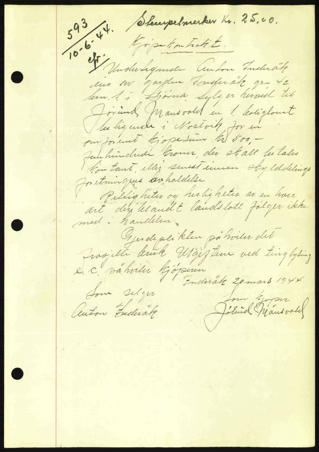 Fosen sorenskriveri, AV/SAT-A-1107/1/2/2C: Pantebok nr. A3, 1943-1945, Dagboknr: 593/1944