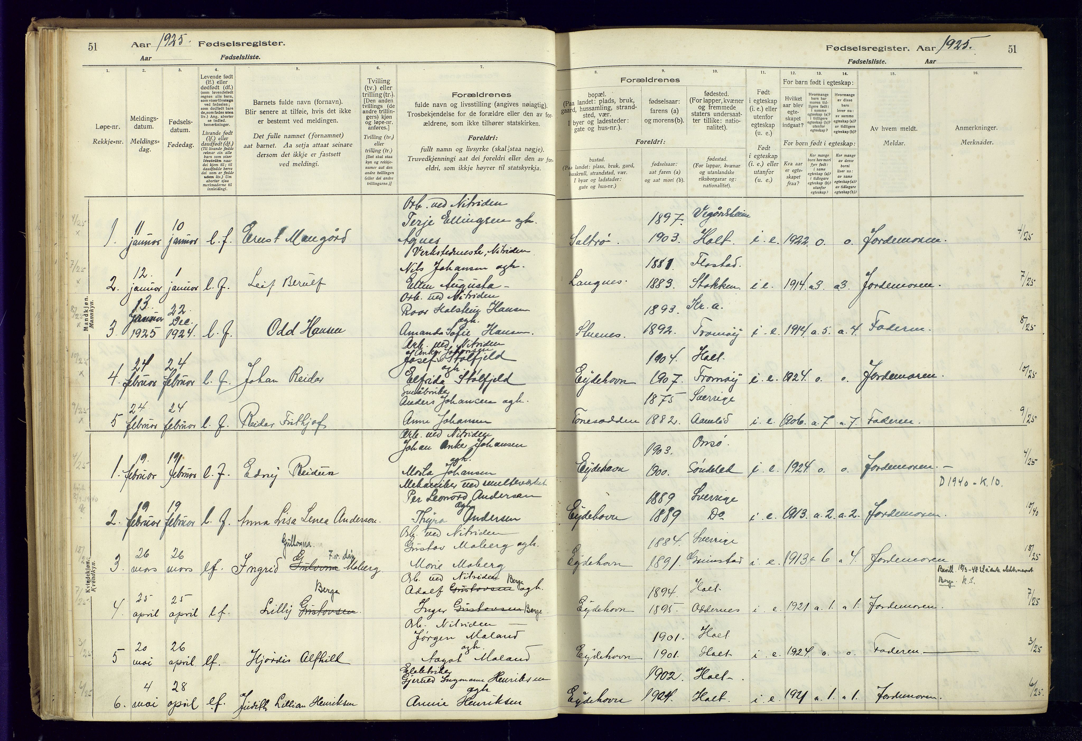 Austre Moland sokneprestkontor, AV/SAK-1111-0001/J/Ja/L0003: Fødselsregister nr. A-VI-27, 1916-1950, s. 51