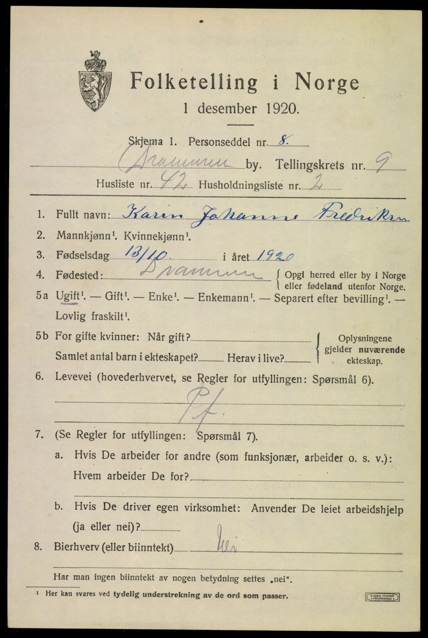 SAKO, Folketelling 1920 for 0602 Drammen kjøpstad, 1920, s. 60077