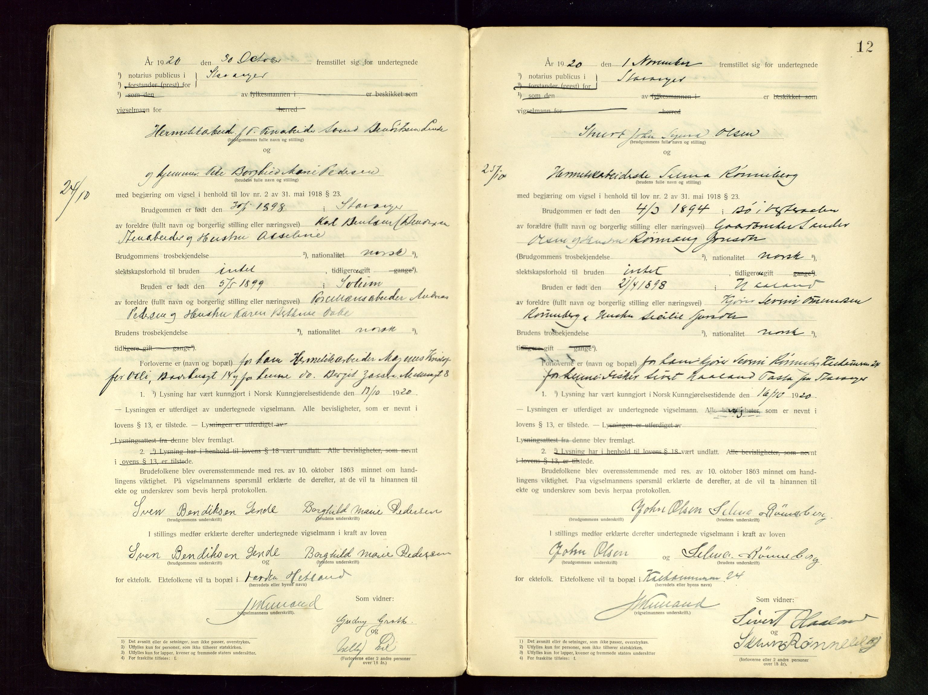 Stavanger byfogd, AV/SAST-A-101408/001/6/62/62BB/L0001: Vigselsprotokoll, 1920-1926, s. 12