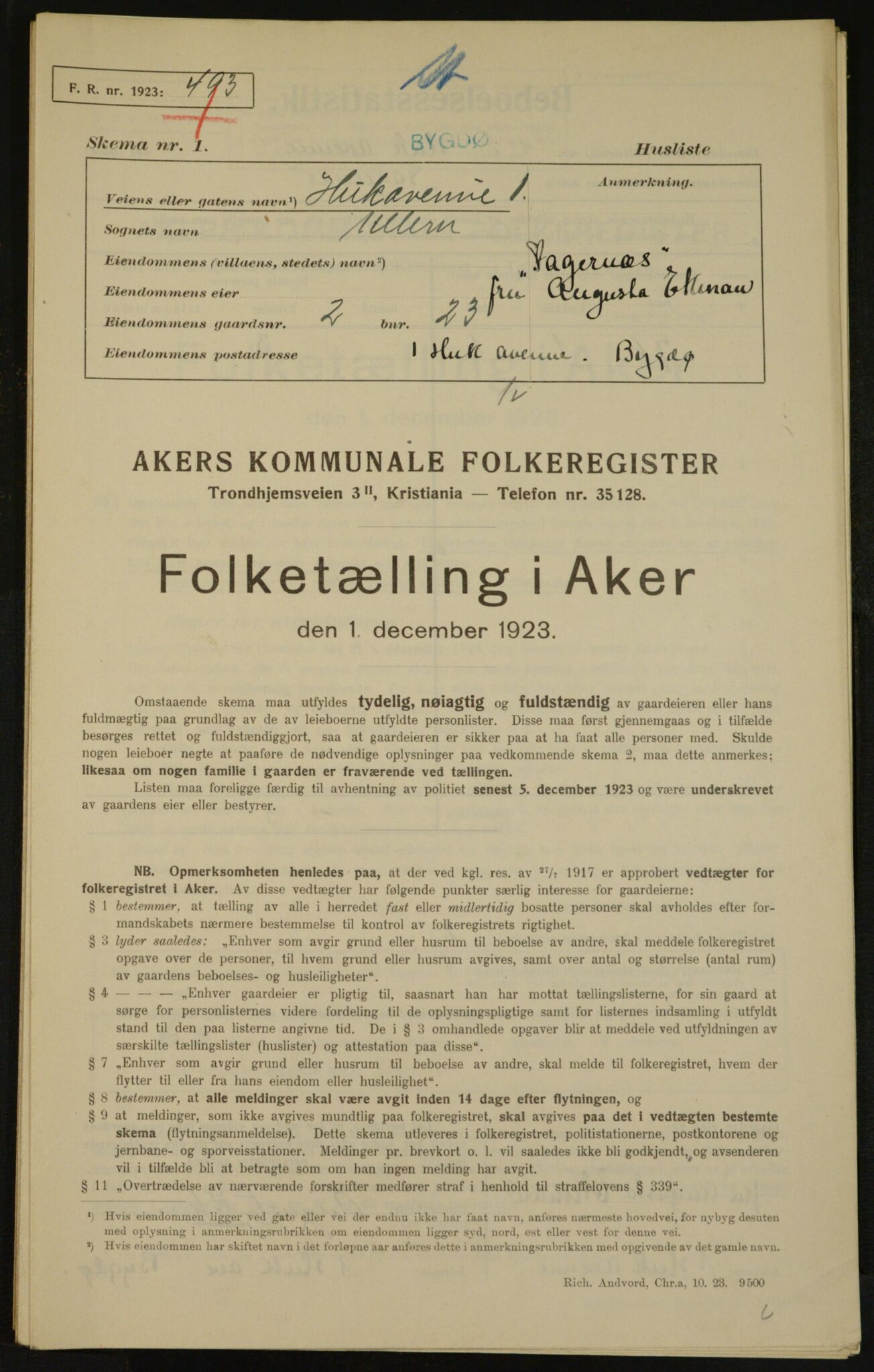 , Kommunal folketelling 1.12.1923 for Aker, 1923, s. 2973