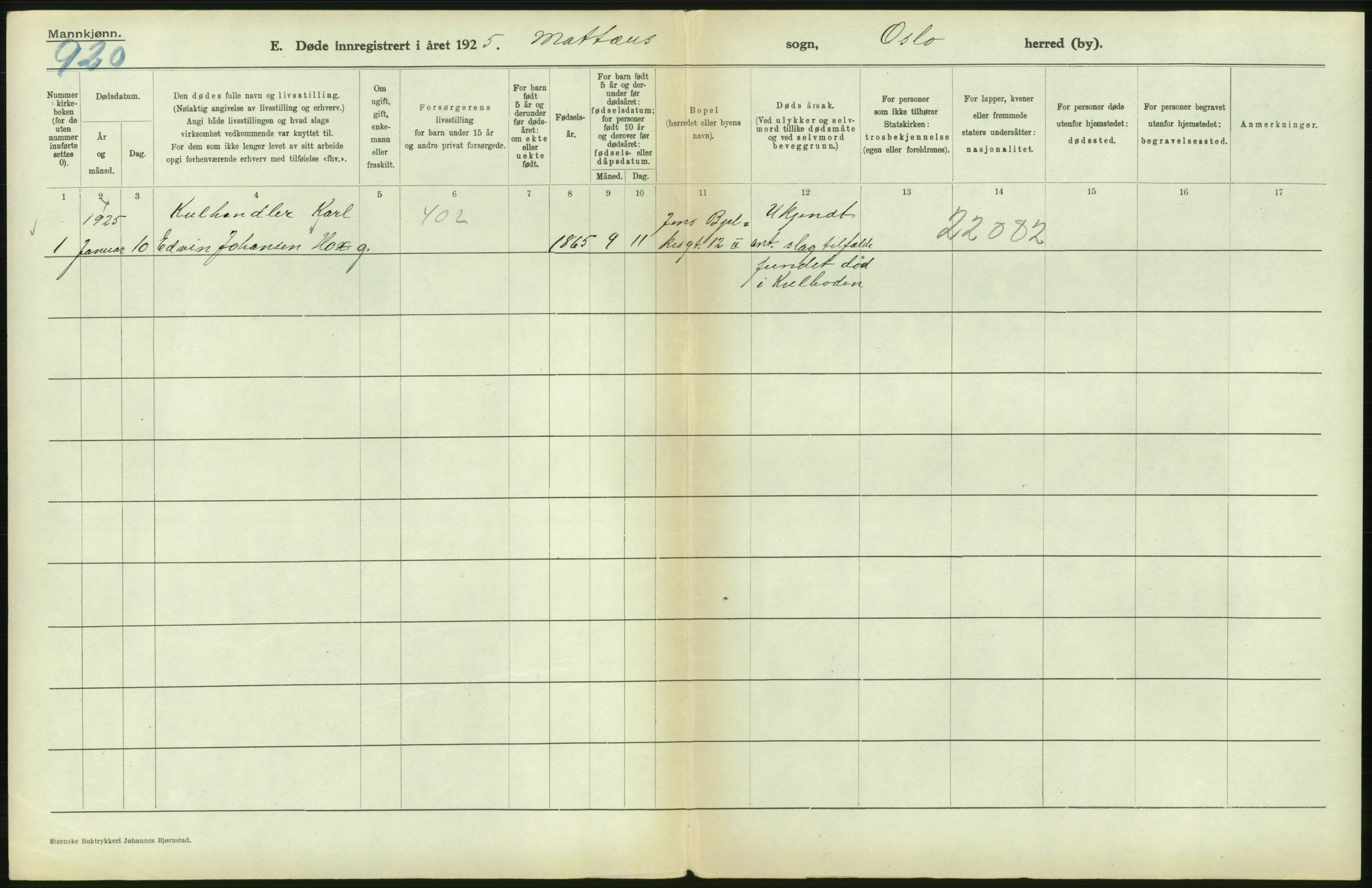 Statistisk sentralbyrå, Sosiodemografiske emner, Befolkning, AV/RA-S-2228/D/Df/Dfc/Dfce/L0009: Oslo: Døde menn, 1925, s. 328