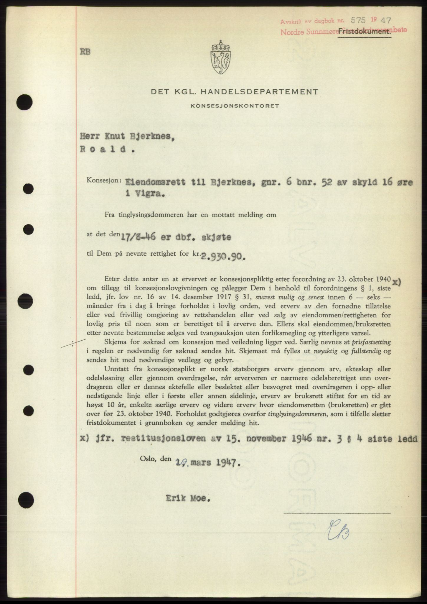 Nordre Sunnmøre sorenskriveri, SAT/A-0006/1/2/2C/2Ca: Pantebok nr. B6-14 b, 1946-1947, Dagboknr: 575/1947