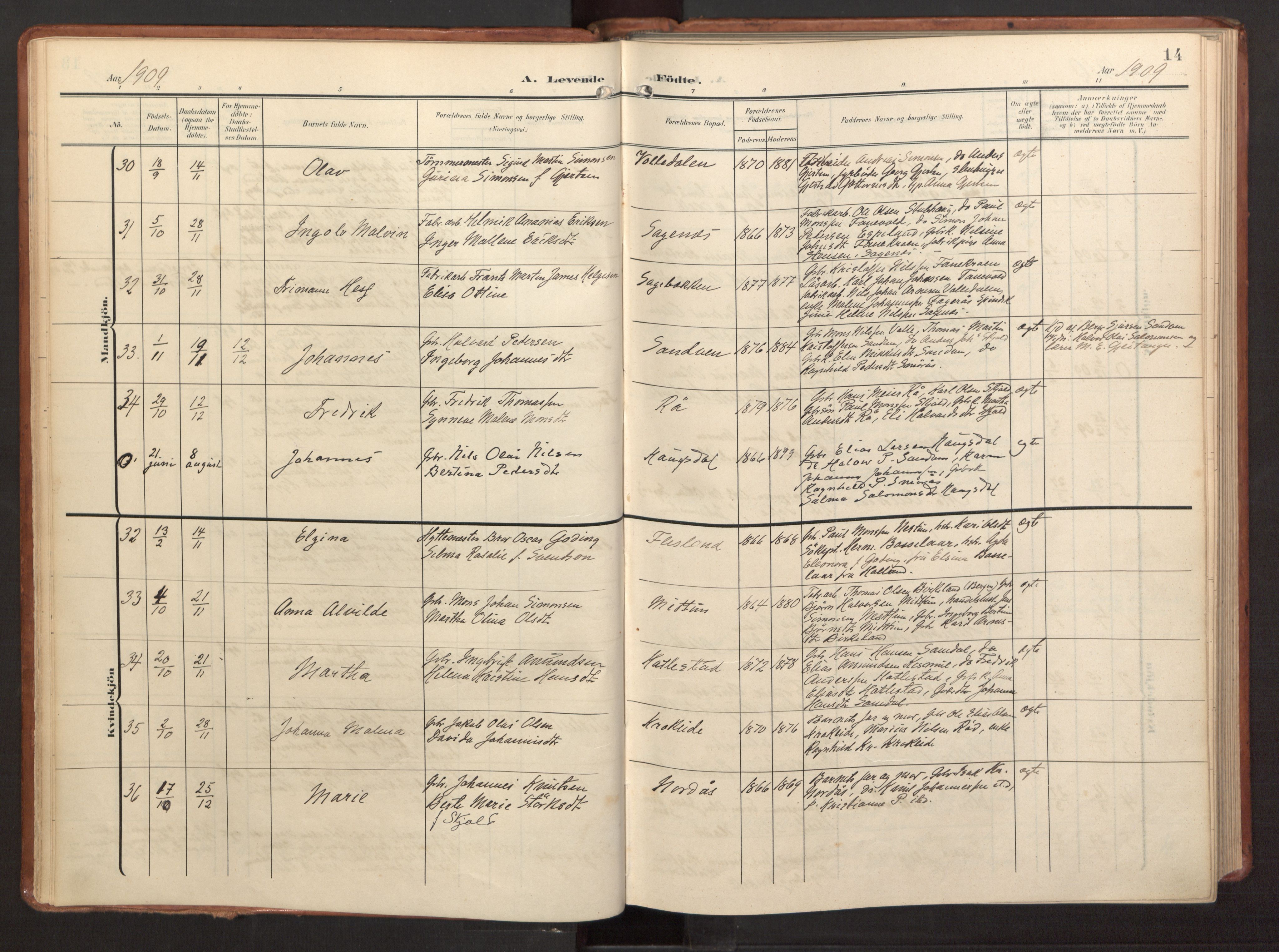 Fana Sokneprestembete, AV/SAB-A-75101/H/Haa/Haab/L0004: Ministerialbok nr. B 4, 1908-1915, s. 14