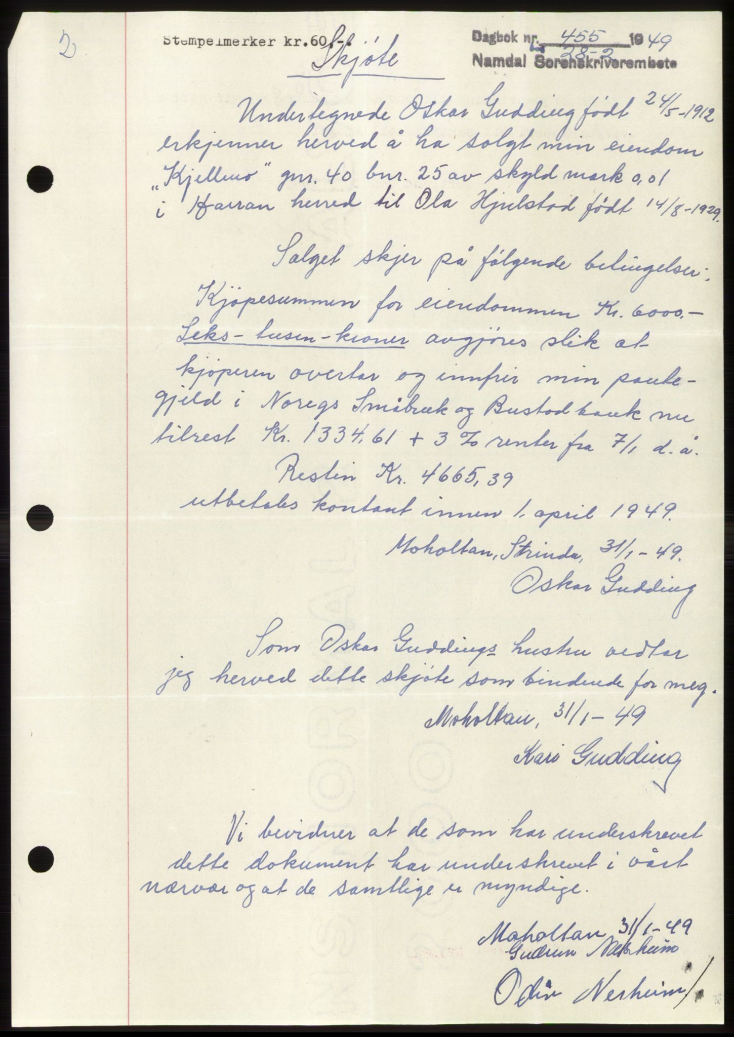 Namdal sorenskriveri, SAT/A-4133/1/2/2C: Pantebok nr. -, 1949-1949, Dagboknr: 455/1949