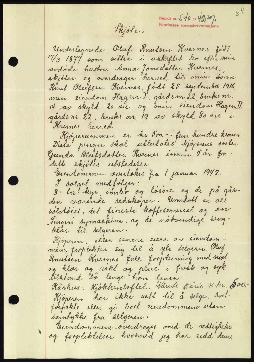 Nordmøre sorenskriveri, SAT/A-4132/1/2/2Ca: Pantebok nr. A92, 1942-1942, Dagboknr: 540/1942