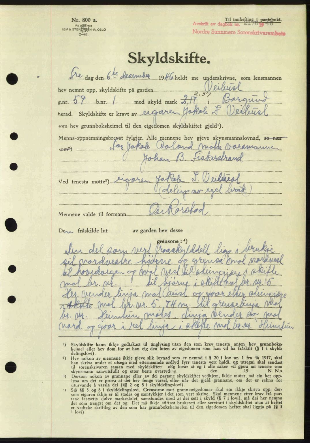 Nordre Sunnmøre sorenskriveri, AV/SAT-A-0006/1/2/2C/2Ca: Pantebok nr. A23, 1946-1947, Dagboknr: 2178/1946