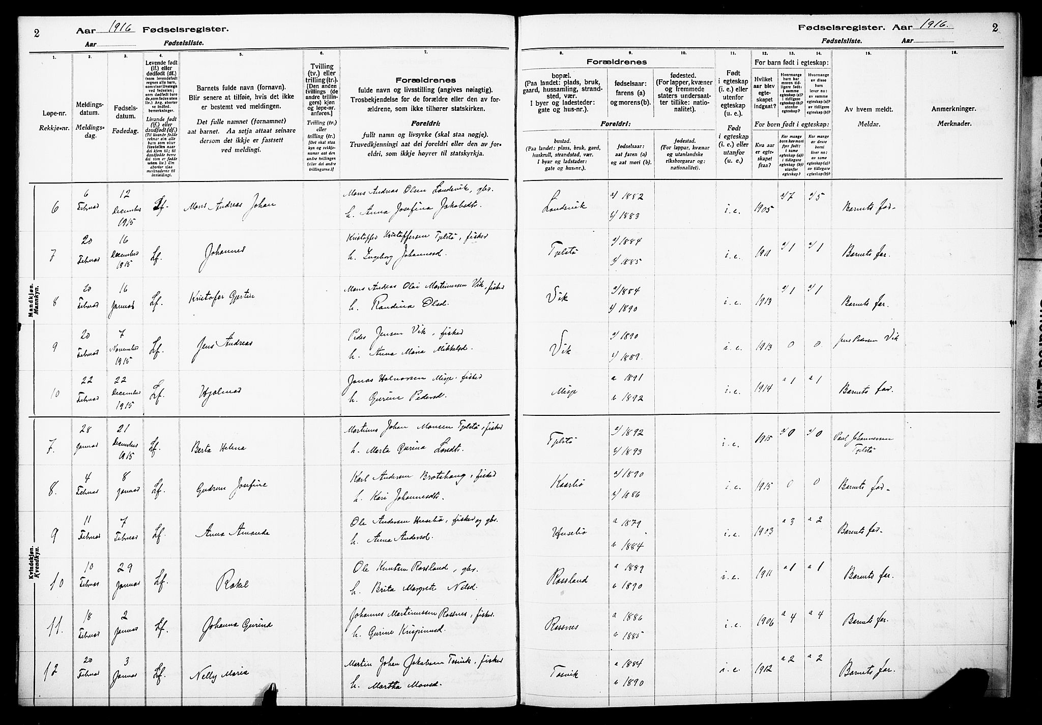 Herdla Sokneprestembete, SAB/A-75701/I/Id/L00A1: Fødselsregister nr. A 1, 1916-1929, s. 2