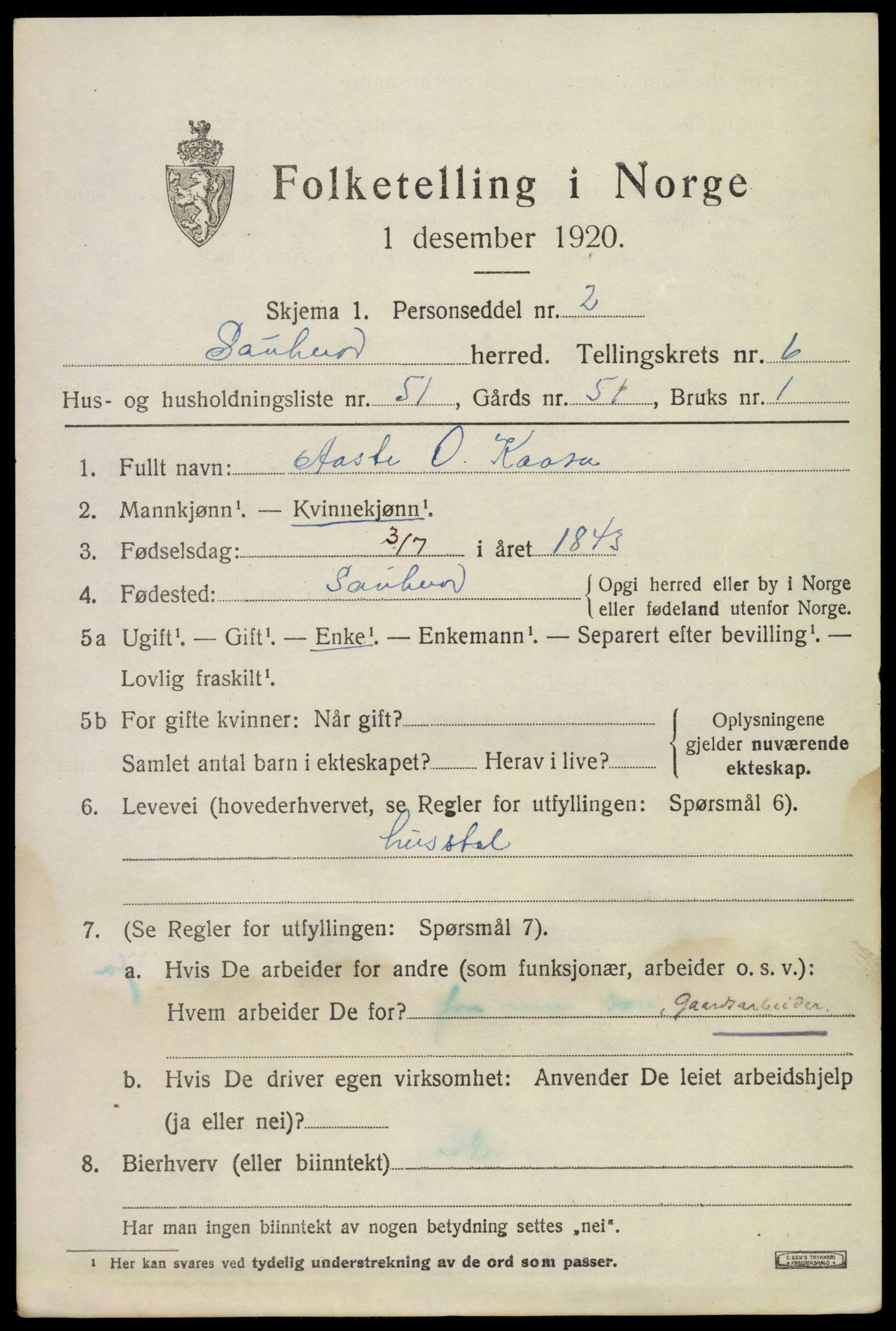 SAKO, Folketelling 1920 for 0822 Sauherad herred, 1920, s. 5607