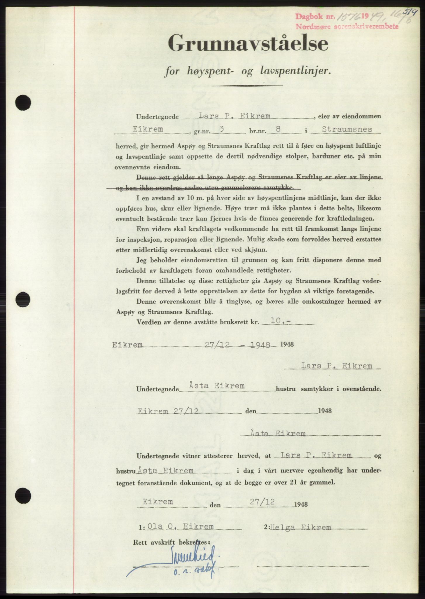 Nordmøre sorenskriveri, SAT/A-4132/1/2/2Ca: Pantebok nr. B101, 1949-1949, Dagboknr: 1576/1949