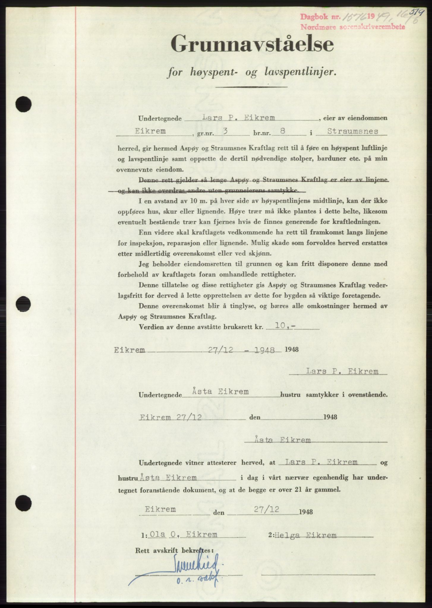 Nordmøre sorenskriveri, AV/SAT-A-4132/1/2/2Ca: Pantebok nr. B101, 1949-1949, Dagboknr: 1576/1949