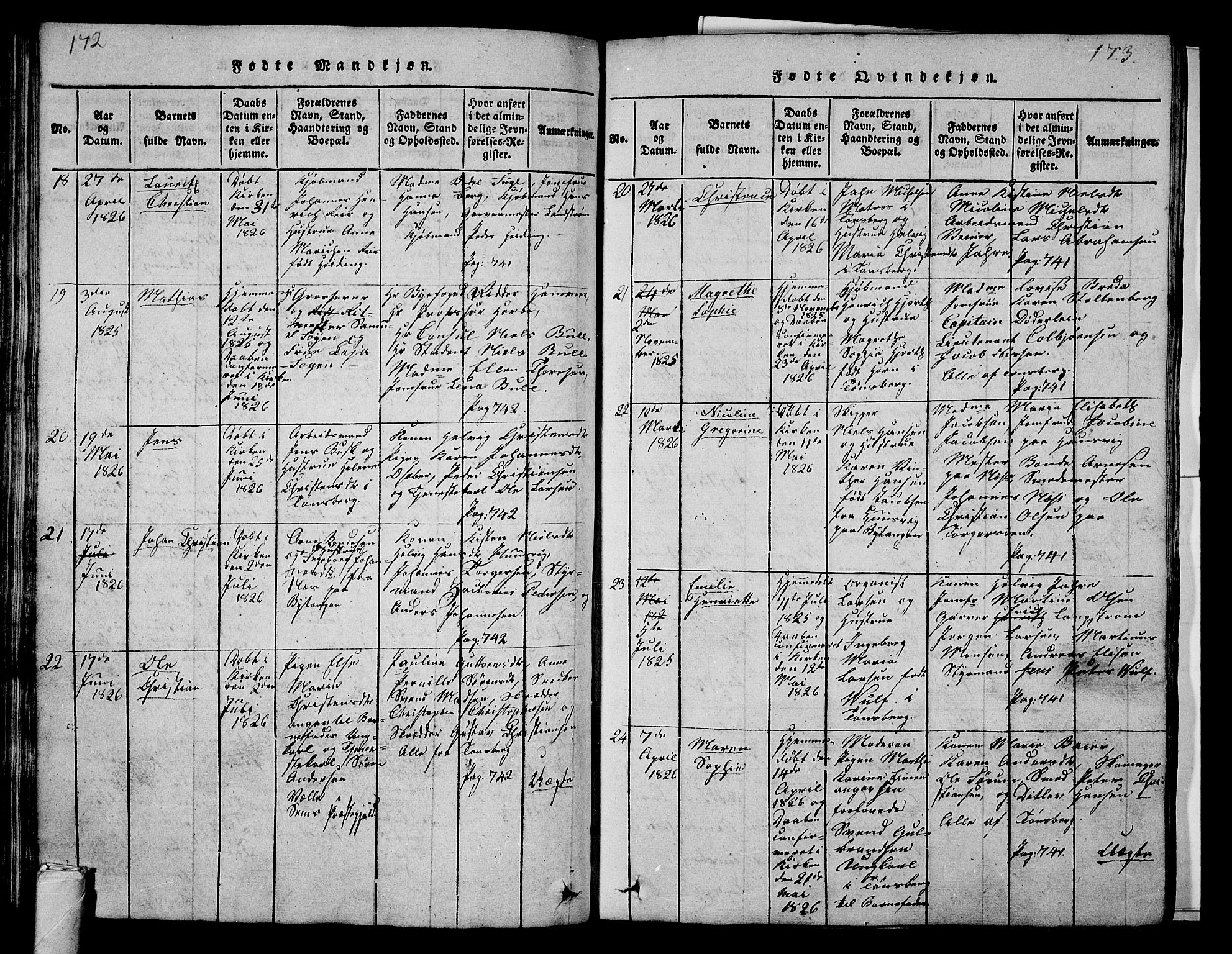 Tønsberg kirkebøker, AV/SAKO-A-330/G/Ga/L0001: Klokkerbok nr. 1, 1813-1826, s. 172-173