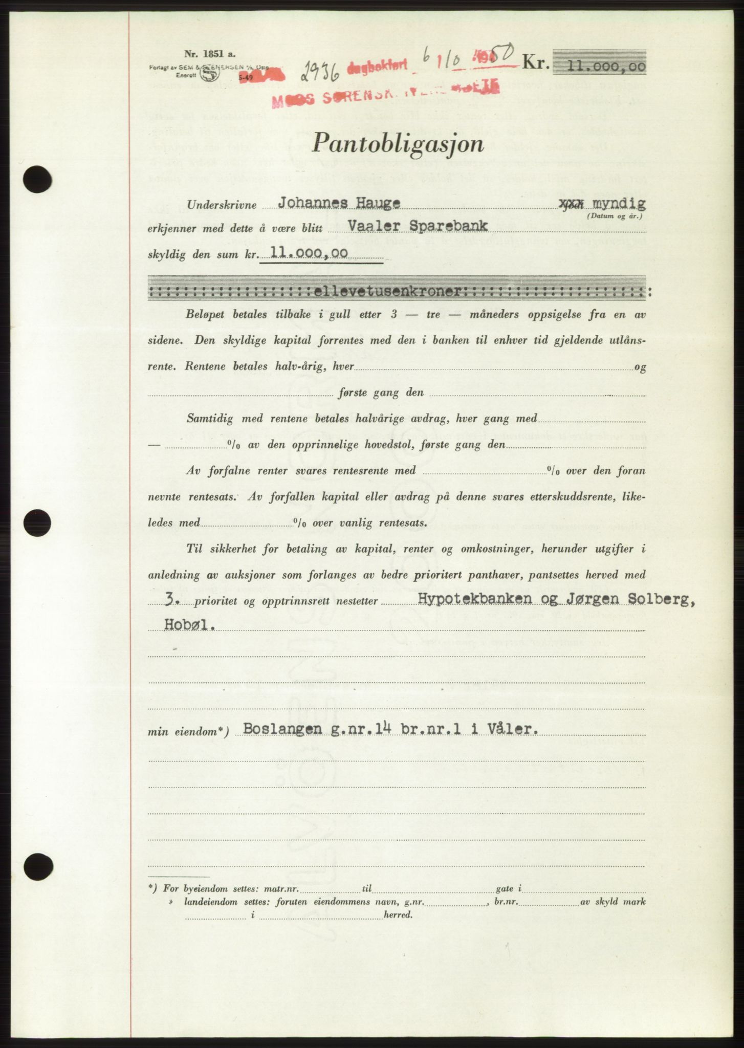 Moss sorenskriveri, SAO/A-10168: Pantebok nr. B25, 1950-1950, Dagboknr: 2936/1950
