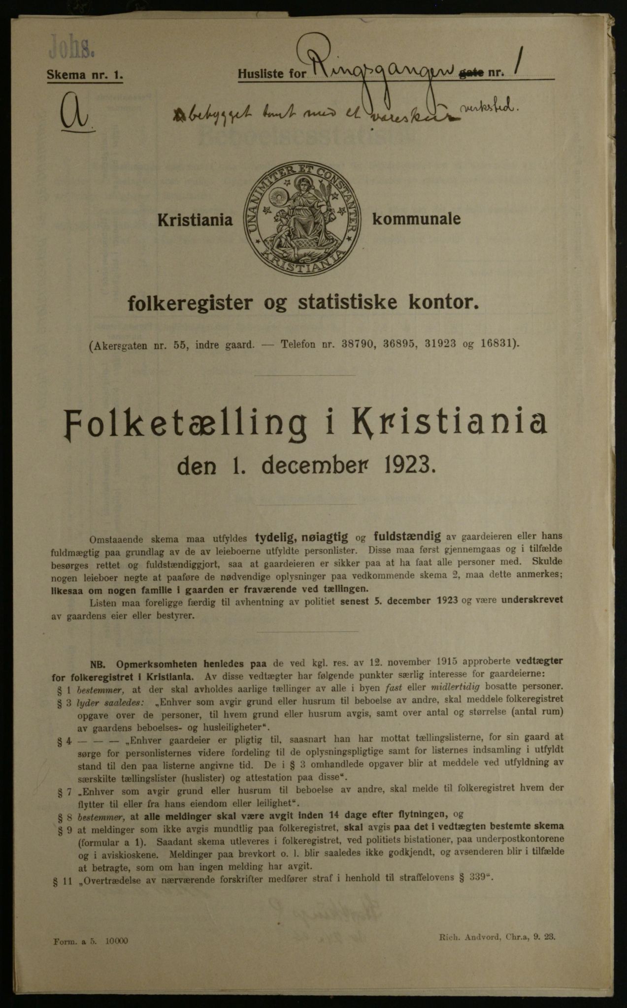 OBA, Kommunal folketelling 1.12.1923 for Kristiania, 1923, s. 91869