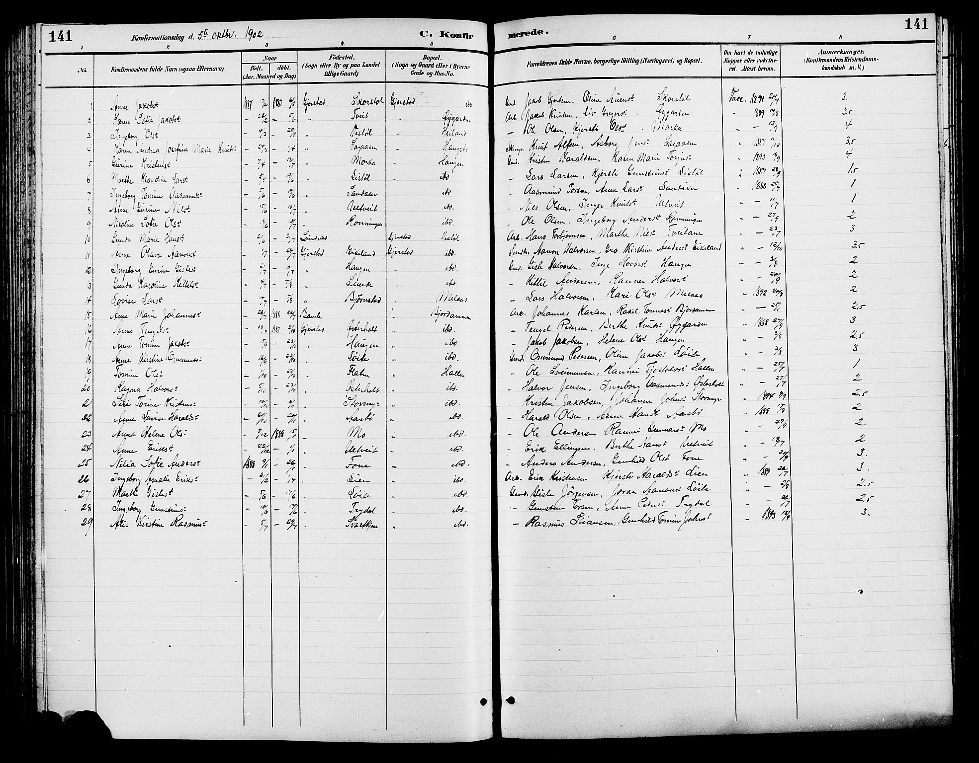 Gjerstad sokneprestkontor, SAK/1111-0014/F/Fb/Fba/L0007: Klokkerbok nr. B 7, 1891-1908, s. 141