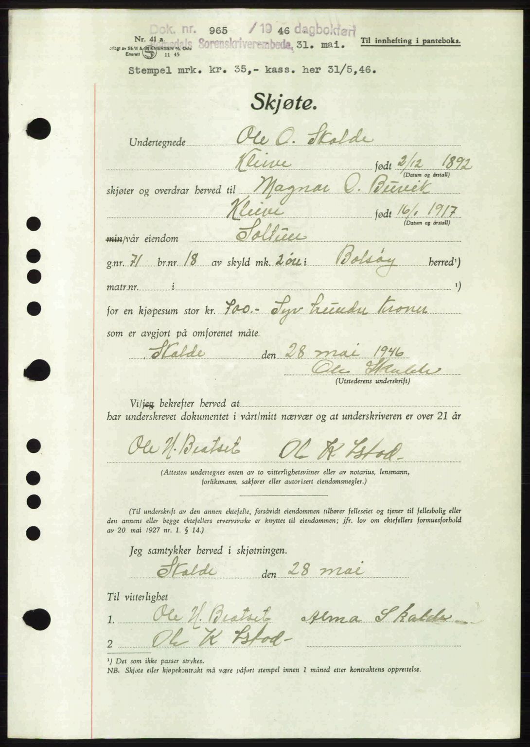 Romsdal sorenskriveri, SAT/A-4149/1/2/2C: Pantebok nr. A19, 1946-1946, Dagboknr: 965/1946