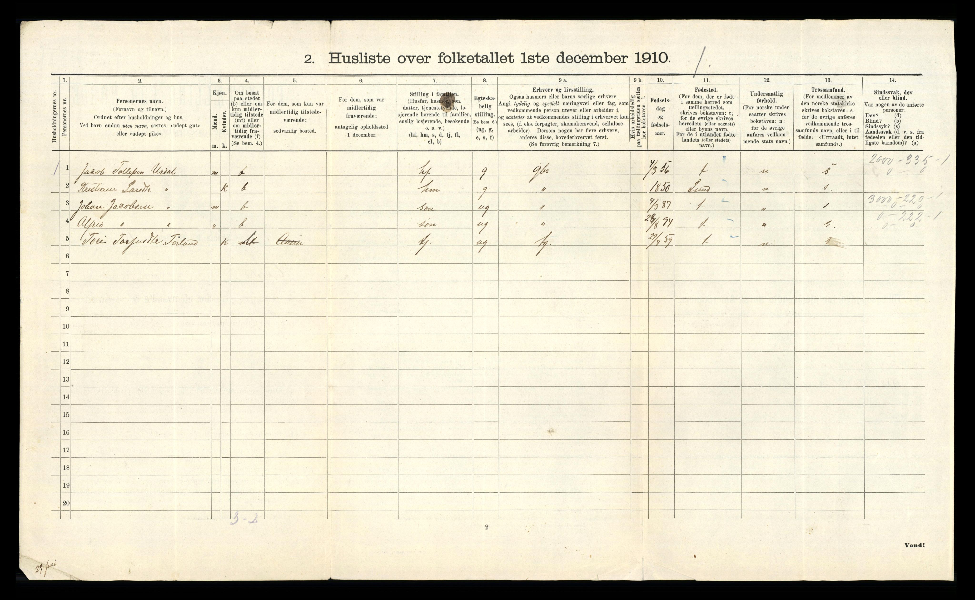 RA, Folketelling 1910 for 1113 Heskestad herred, 1910, s. 19