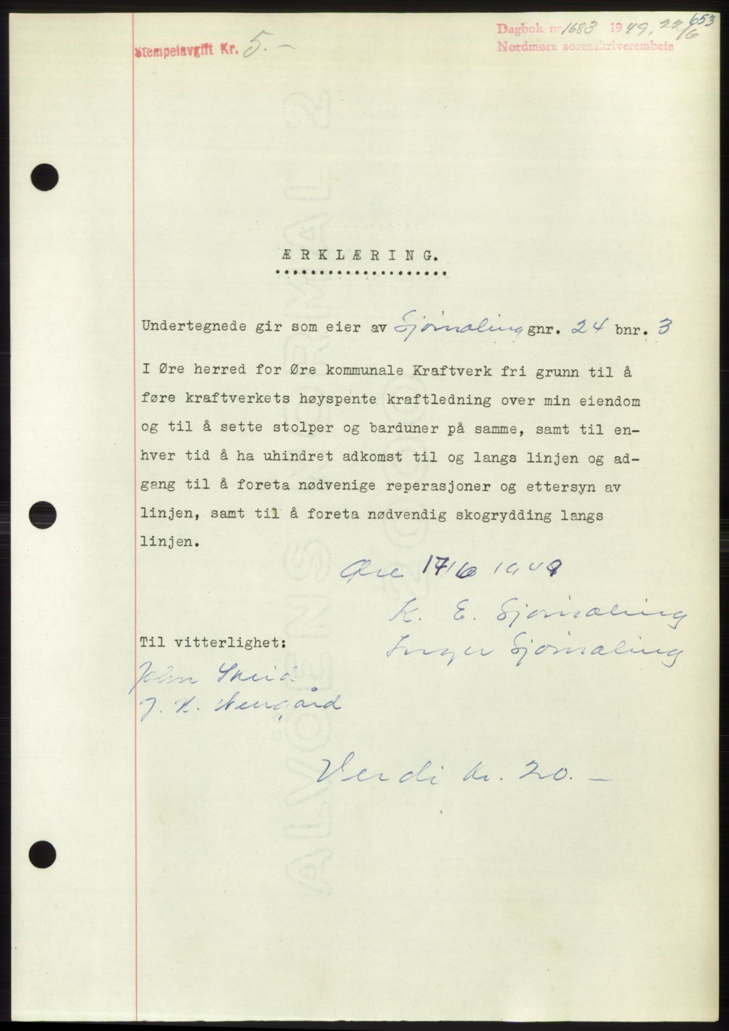 Nordmøre sorenskriveri, SAT/A-4132/1/2/2Ca: Pantebok nr. B101, 1949-1949, Dagboknr: 1683/1949
