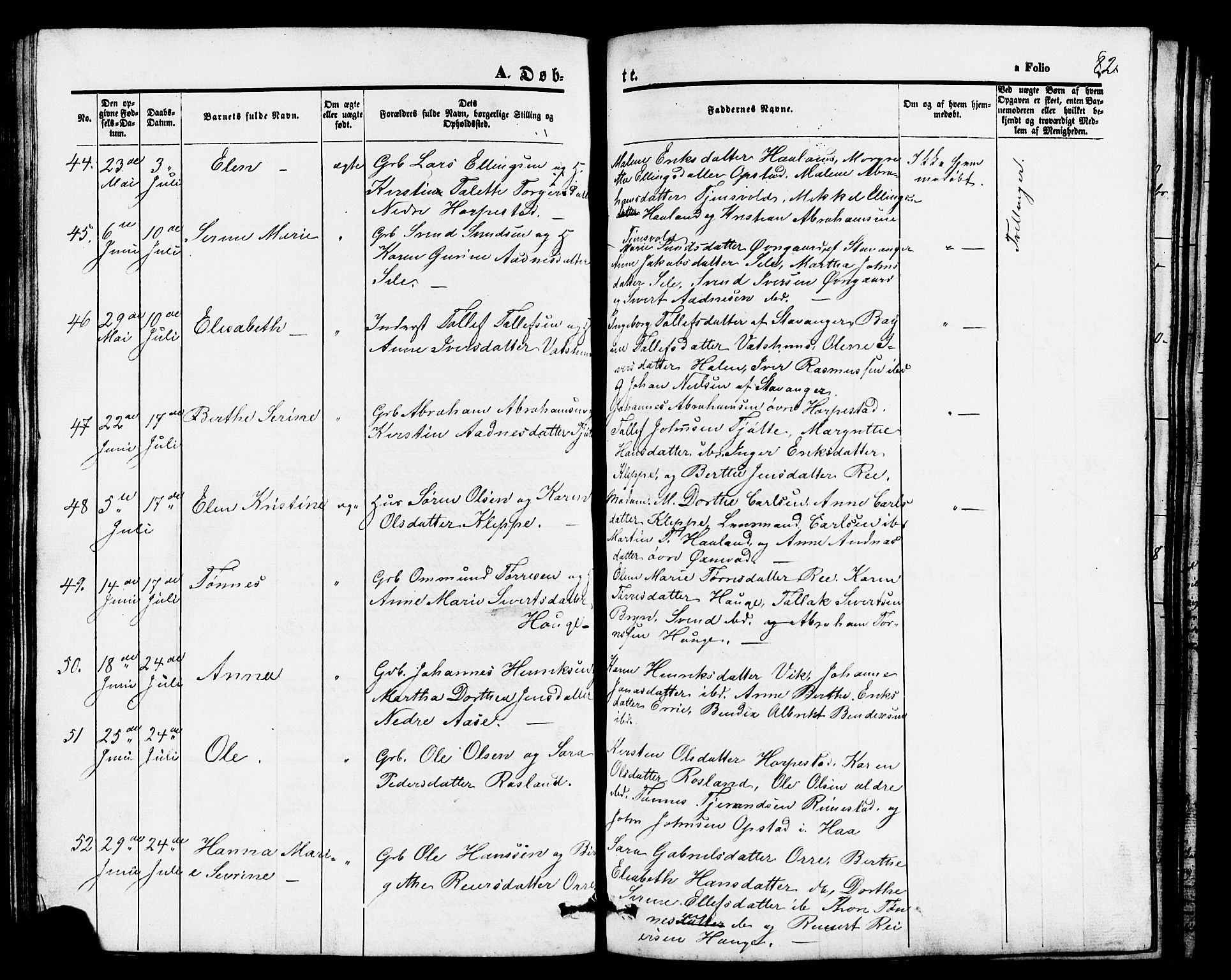 Klepp sokneprestkontor, AV/SAST-A-101803/001/3/30BB/L0002: Klokkerbok nr. B 2, 1860-1875, s. 82