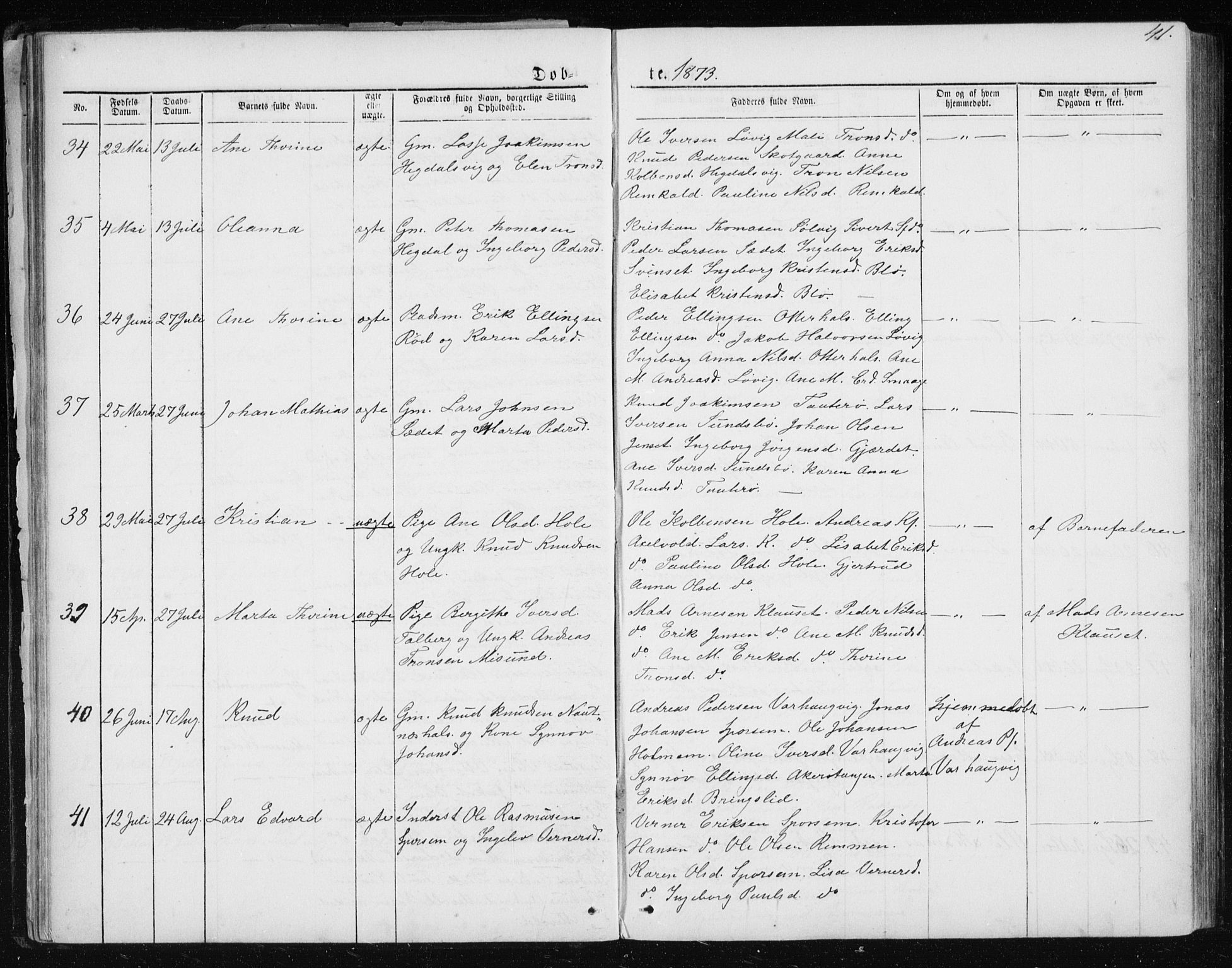 Ministerialprotokoller, klokkerbøker og fødselsregistre - Møre og Romsdal, AV/SAT-A-1454/560/L0724: Klokkerbok nr. 560C01, 1867-1892, s. 41