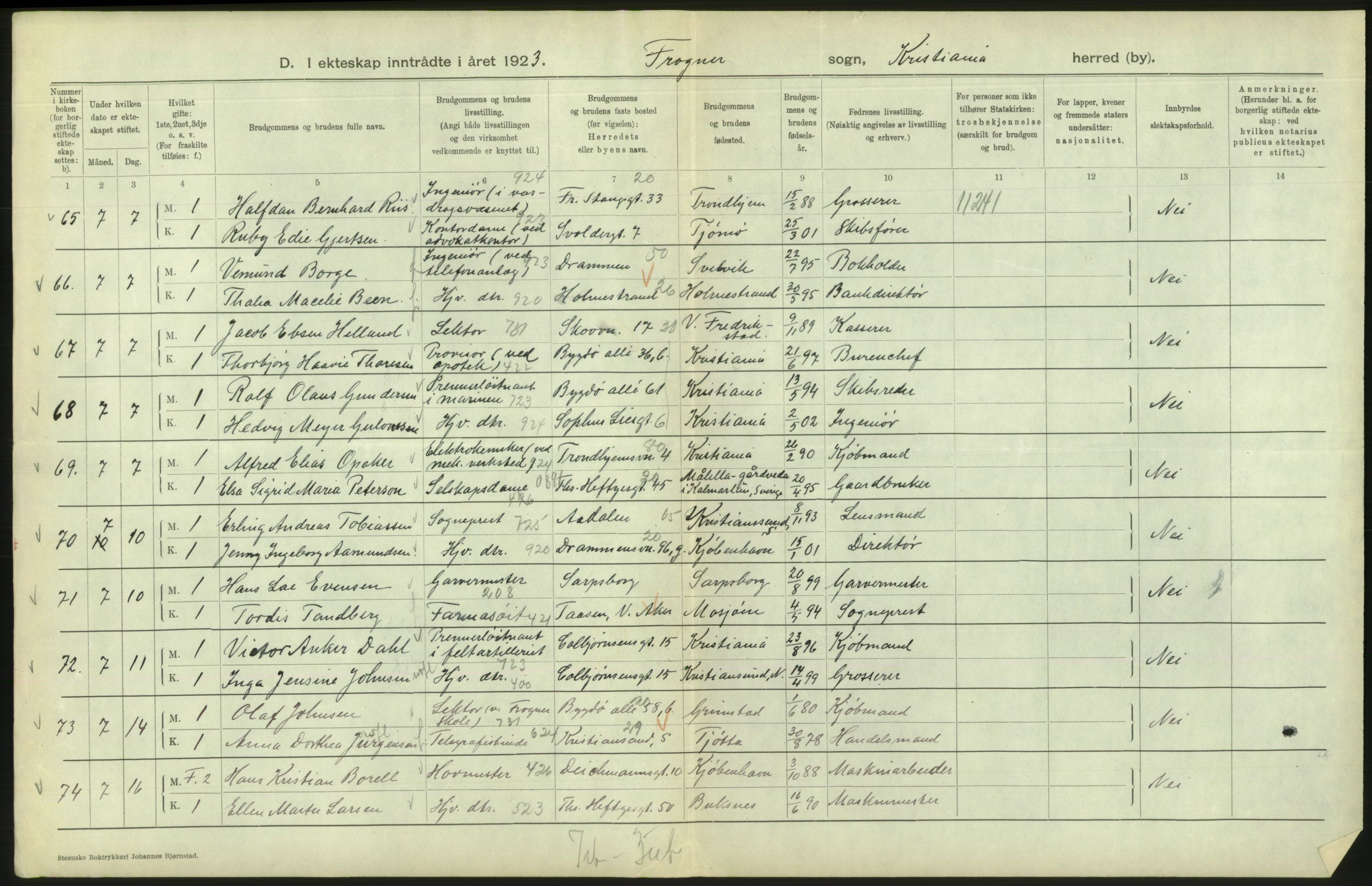 Statistisk sentralbyrå, Sosiodemografiske emner, Befolkning, AV/RA-S-2228/D/Df/Dfc/Dfcc/L0008: Kristiania: Gifte, 1923, s. 308