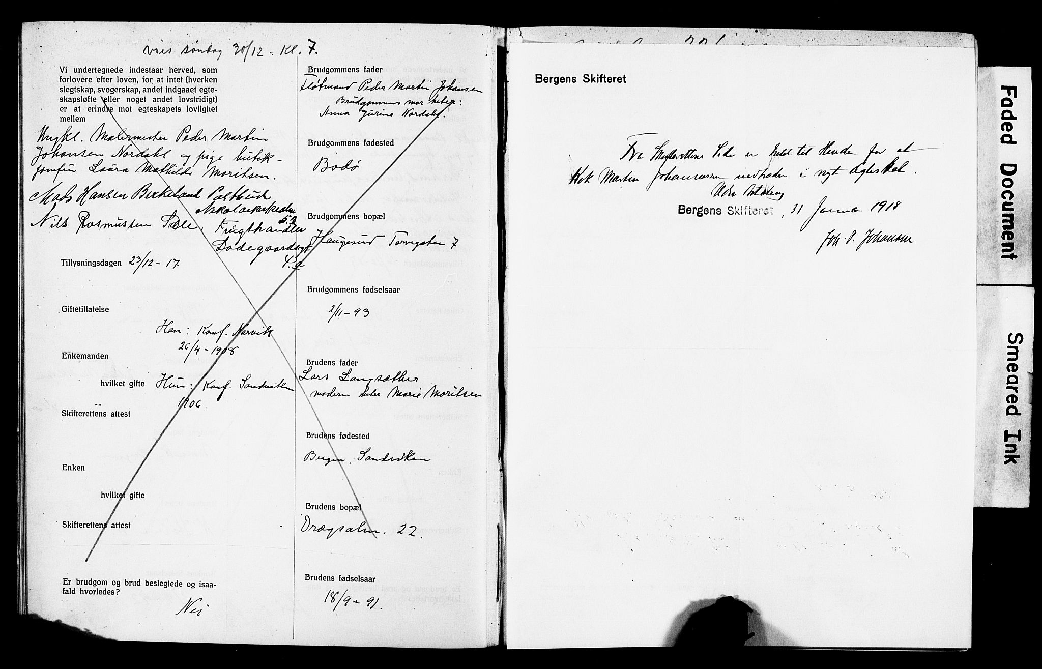 Mariakirken Sokneprestembete, SAB/A-76901: Forlovererklæringer nr. II.5.4, 1917-1918, s. 7