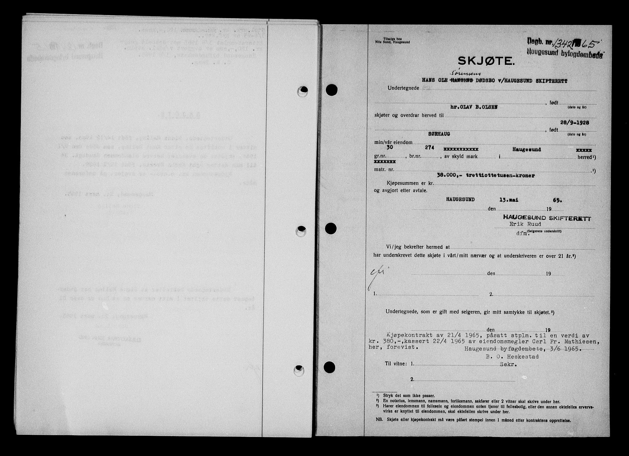 Haugesund tingrett, AV/SAST-A-101415/01/II/IIC/L0076: Pantebok nr. A 17, 1965-1966, Dagboknr: 1342/1965