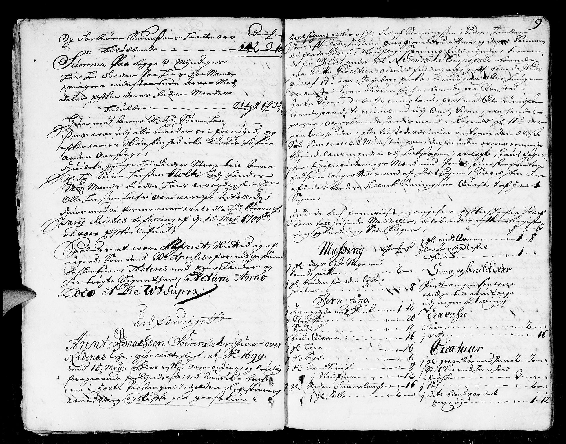 Nedenes sorenskriveri før 1824, SAK/1221-0007/H/Hc/L0003: Skifteprotokoll med register nr 3, 1700-1708, s. 8b-9a