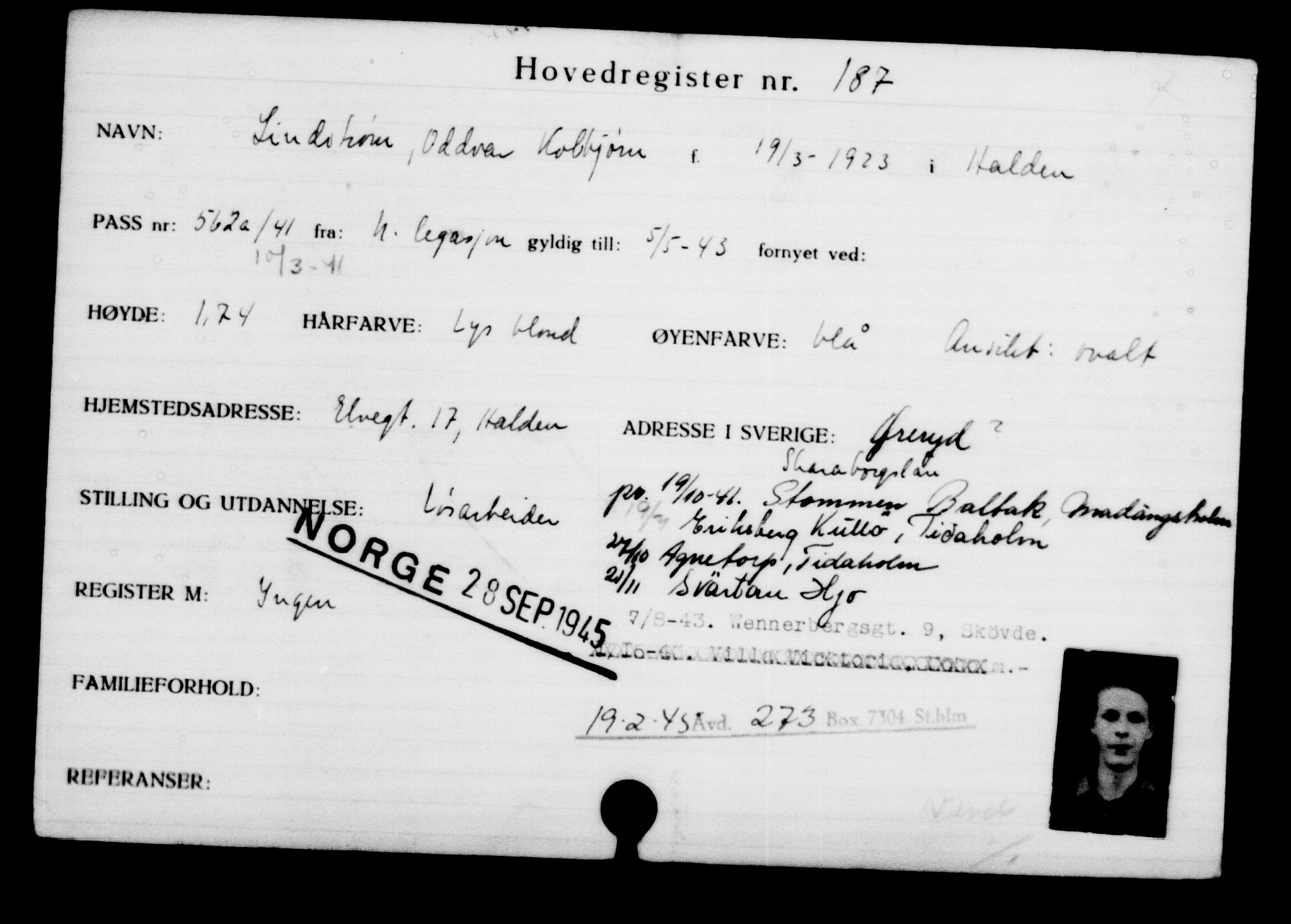 Utenriksstasjonene, Legasjonen i Stockholm, Flyktningkontoret, AV/RA-S-6753/V/Va/L0001: Kjesäterkartoteket, flyktninger med registreringsnr. 1-1000, 1940-1945, s. 301