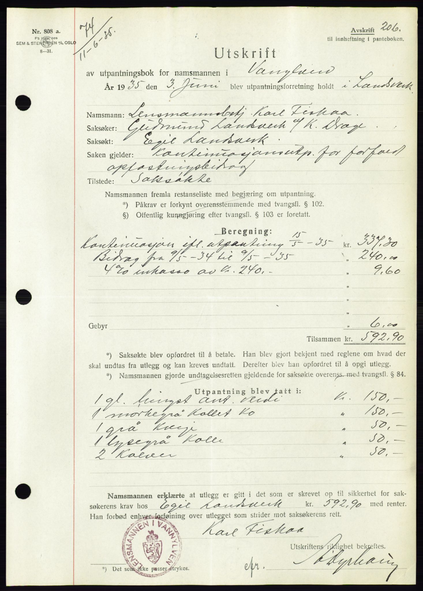 Søre Sunnmøre sorenskriveri, AV/SAT-A-4122/1/2/2C/L0059: Pantebok nr. 53, 1935-1935, Tingl.dato: 11.06.1935