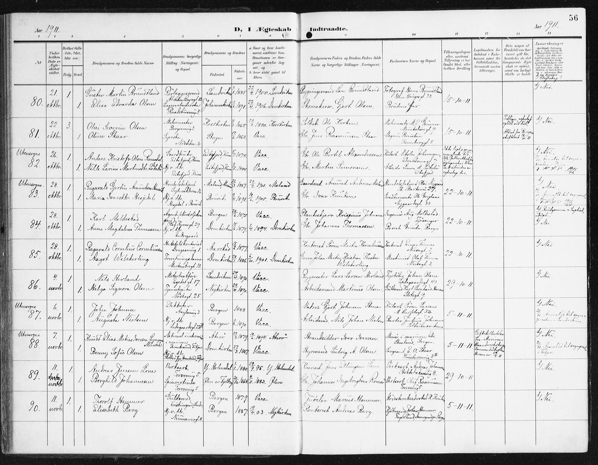 Domkirken sokneprestembete, AV/SAB-A-74801/H/Haa/L0038: Ministerialbok nr. D 5, 1906-1921, s. 56