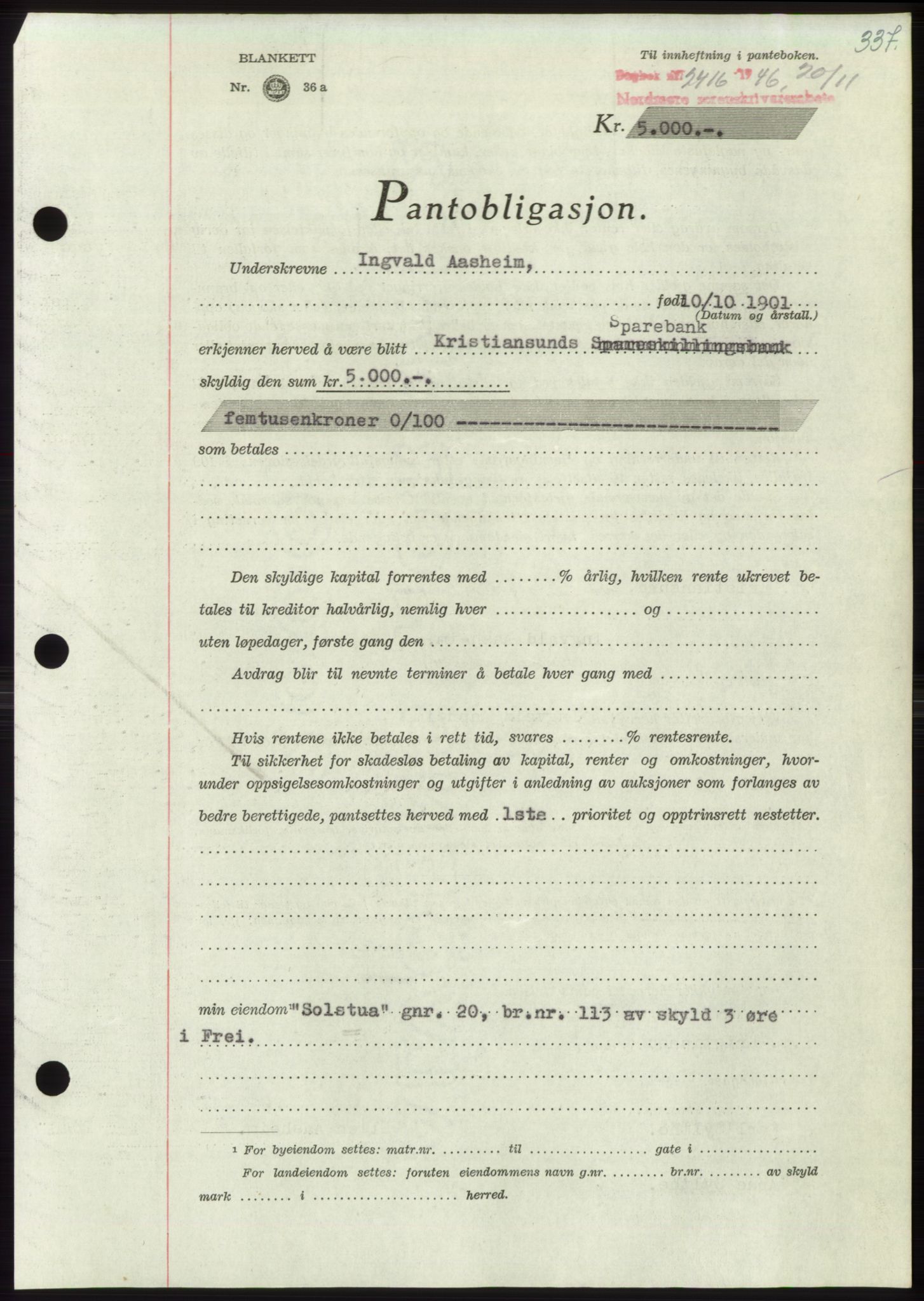 Nordmøre sorenskriveri, SAT/A-4132/1/2/2Ca: Pantebok nr. B95, 1946-1947, Dagboknr: 2416/1946