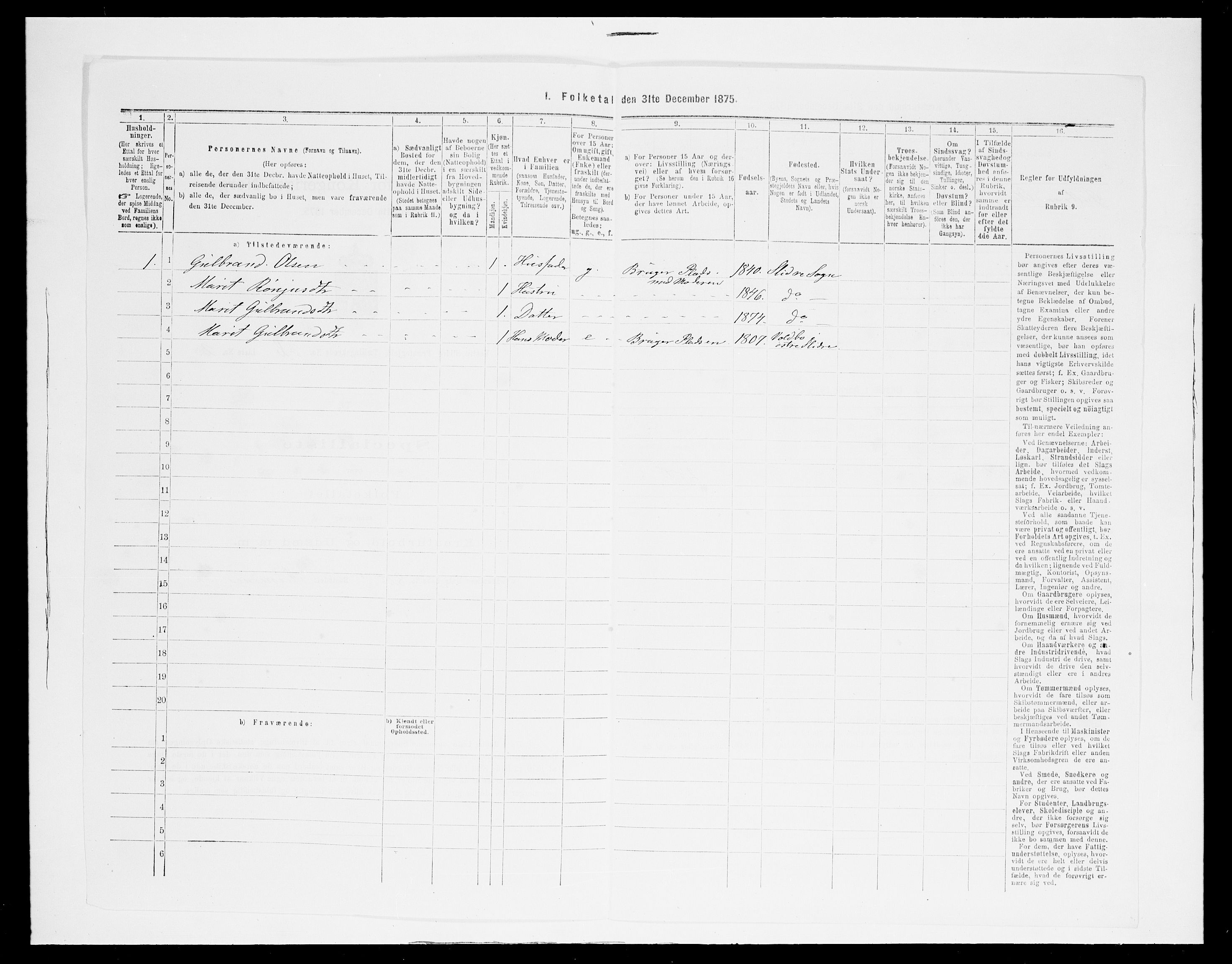 SAH, Folketelling 1875 for 0543P Vestre Slidre prestegjeld, 1875, s. 325