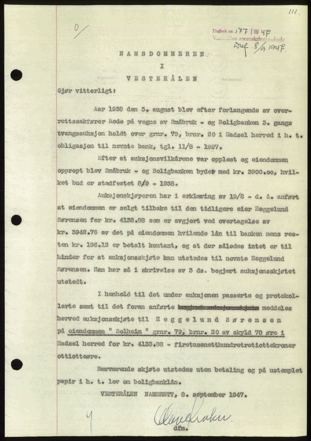 Vesterålen sorenskriveri, SAT/A-4180/1/2/2Ca: Pantebok nr. A21, 1947-1947, Dagboknr: 1771/1947